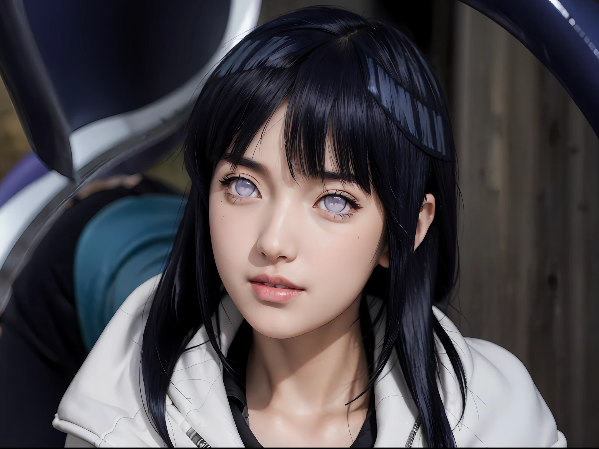 a close up of a person with long hair and a hoodie, hinata hyuga, hinata hyuga from naruto, from naruto, as an anime character, perfect anime face, she has dark blue hair with bangs, female anime character, anime character, anime best girl, hime cut hairstyle, dark blue hair, (red glossy lips:1.3), light purple eyes, smile,  (beautiful face:1.3)