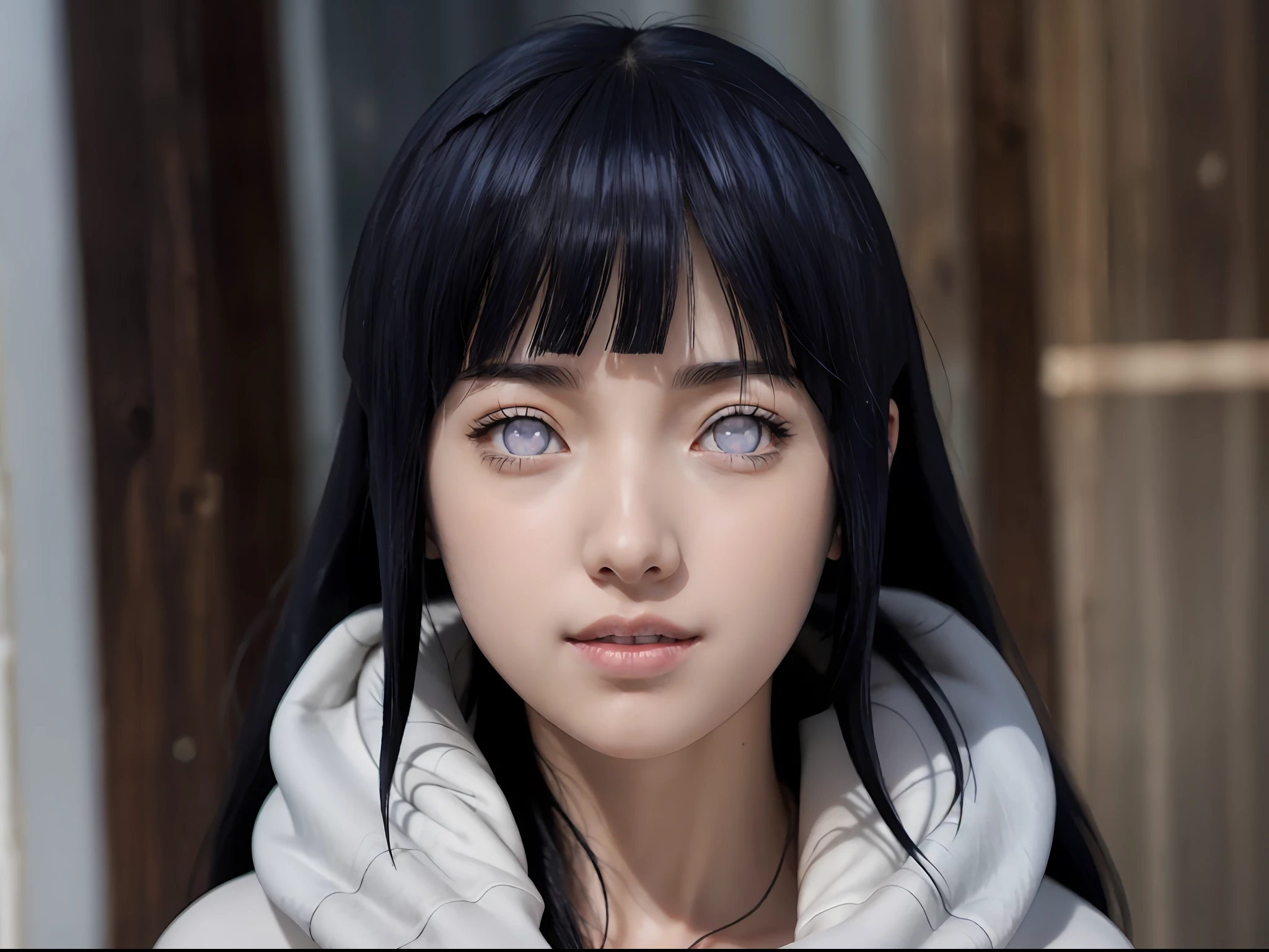 a close up of a person with long hair and a hoodie, hinata hyuga, hinata hyuga from naruto, from naruto, as an anime character, perfect anime face, she has dark blue hair with bangs, female anime character, anime character, anime best girl, hime cut hairstyle, dark blue hair, (red glossy lips:1.3), light purple eyes, smile, (beautiful face:1.3)