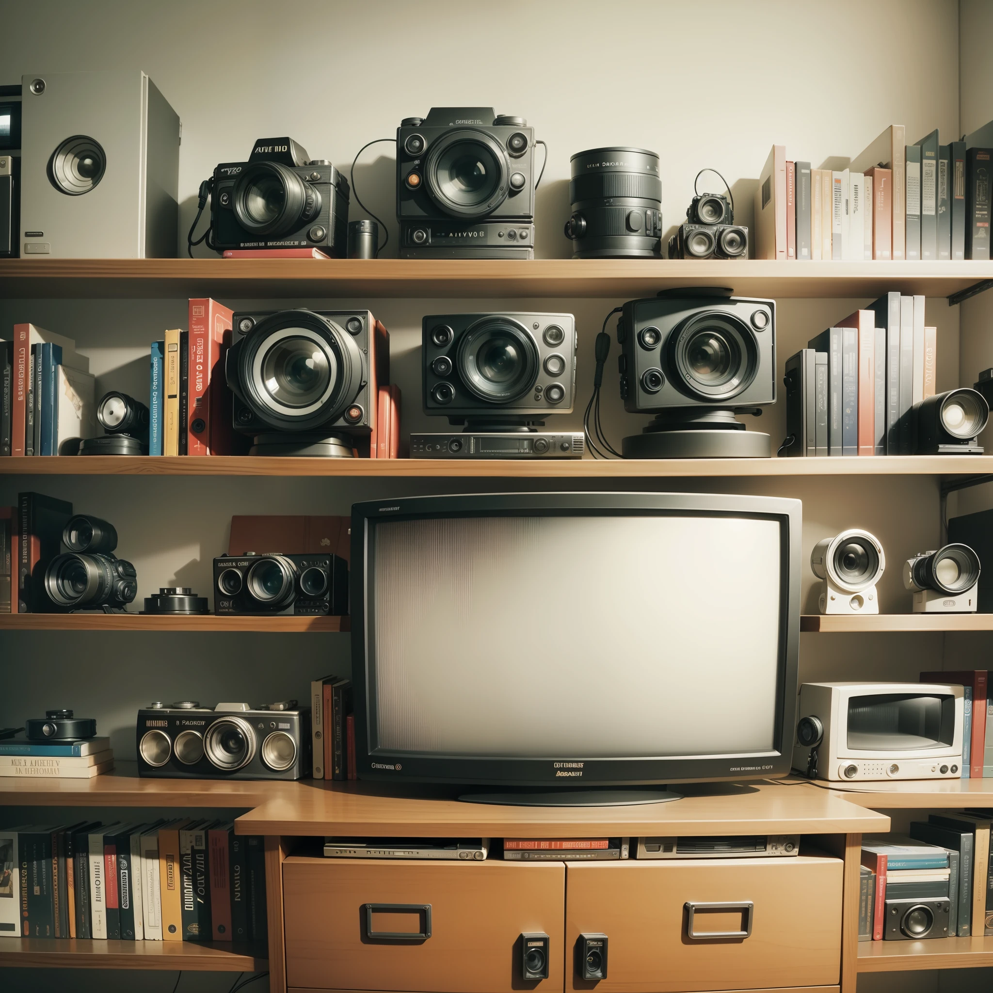 front view of a bookshelf full of movie cameras; Movie objects and a TV --auto --s2