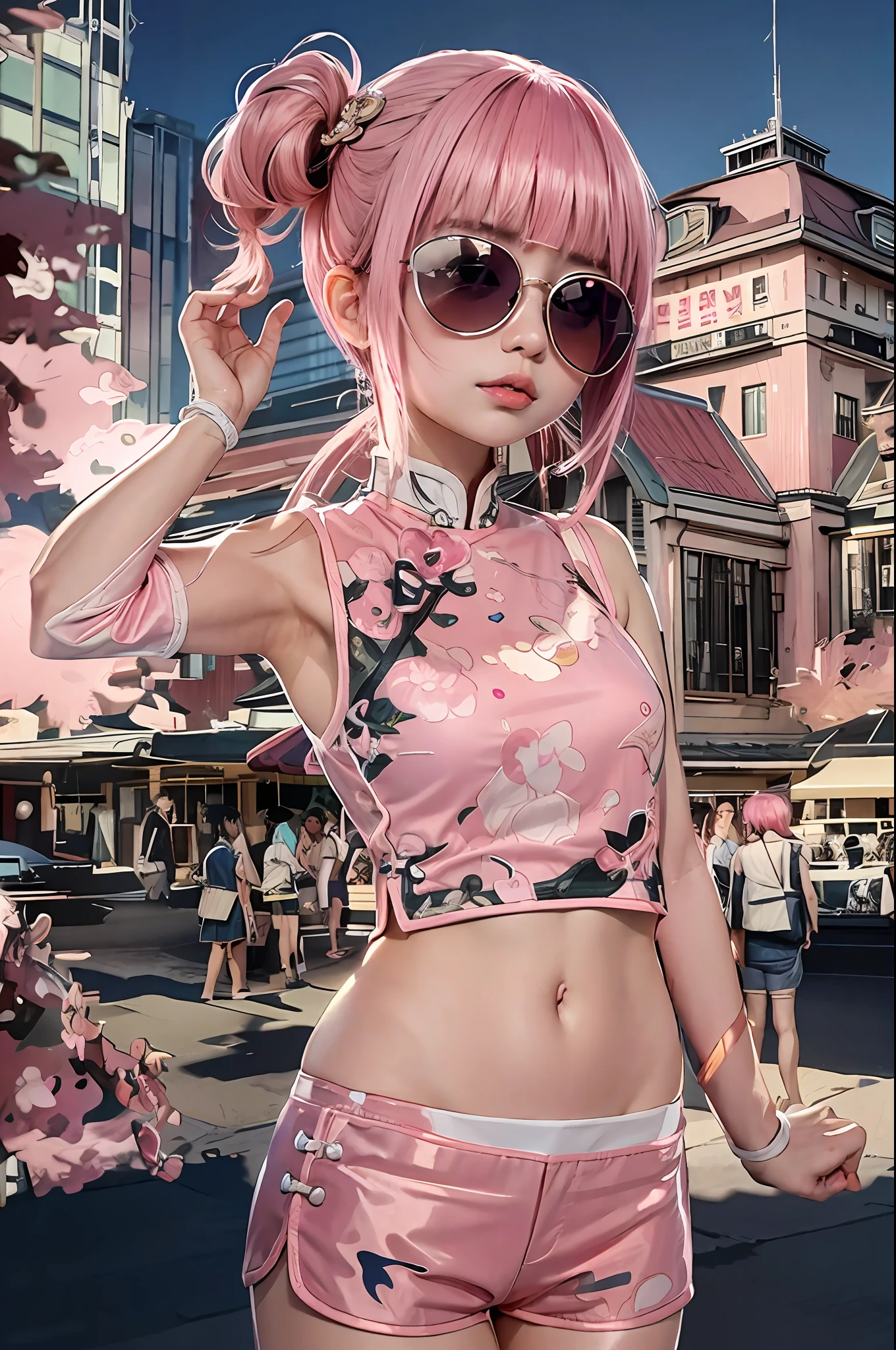 pink hair, pink china clothes, shorts, blunt bangs, 1girl,solo,flashy hair, photorealistic, high resolution, one girl, colorful hair color, korean, tokyo station, summer, cowboy shot, sunglasses
