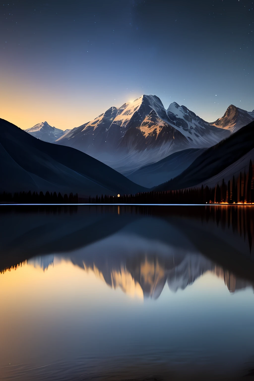 Very starry night. A giant moon behind the mountains. A tranquil lake reflecting the night. Realistic scene, detailed, photorealism, 8k