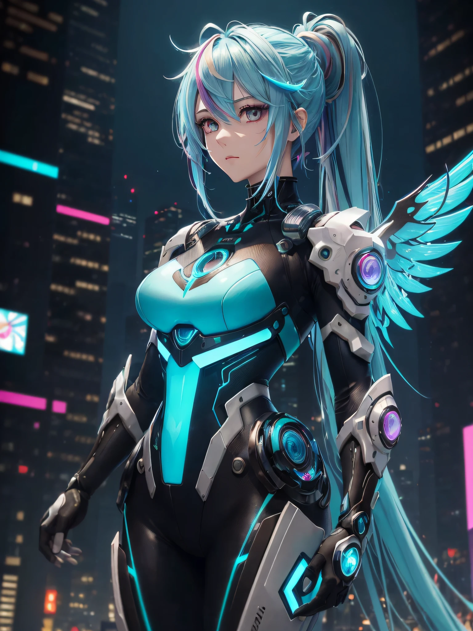 Prompt: Prompt: Honkai Impact 3rd，(((masterpiece))),(((best quality))),((ultra-detailed)), ((illustration)),floating, ((an extremely delicate and beautiful)),(beautiful detailed eyes，multicolored eyes,gradient eyes,glowing eyes,sparkling eyes,eyeshadow),((disheveled hair，absurdly long hair,multicolored hair,gradient hair,shiny hair,streaked hair,aqua hair,colored inner hair,alternate hair color,hair up,crossed bangs,hair wings,disheveled hair,hair strand,crossed bangs,hair between eyes,musical note hair ornament)), simple_background, (1girl),(((cyberpunk cityscape))),(glowing neon lights),robot girl,machine girl,beautiful detailed face,exoskeleton armor,mechanical armor, extremely handsome transformation by mechanization,art of light,mechanical bodysuit，
