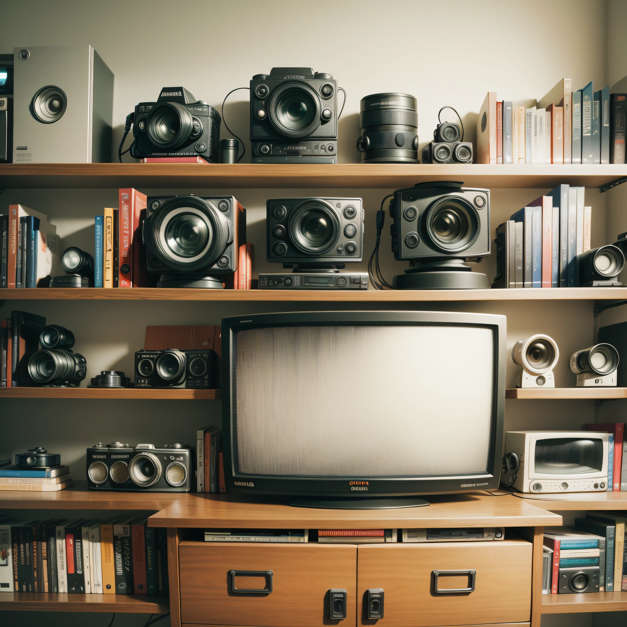 front view of a bookshelf full of movie cameras; Movie objects and a TV --auto --s2