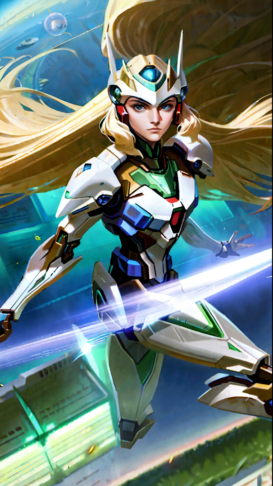 (((Masterpiece)),realistic photography, (solo exhibition: 1.4), ((A beautiful woman in a slim mech suit)))Long hair, cute face, stylish and threatening design, bust, highly detailed, high detail background, battle, planet, hover, giant shield, shoulder armor, mechanical tailgate, science fiction, fighter jet flying over the earth in space with the moon in the background, concept art, space art,