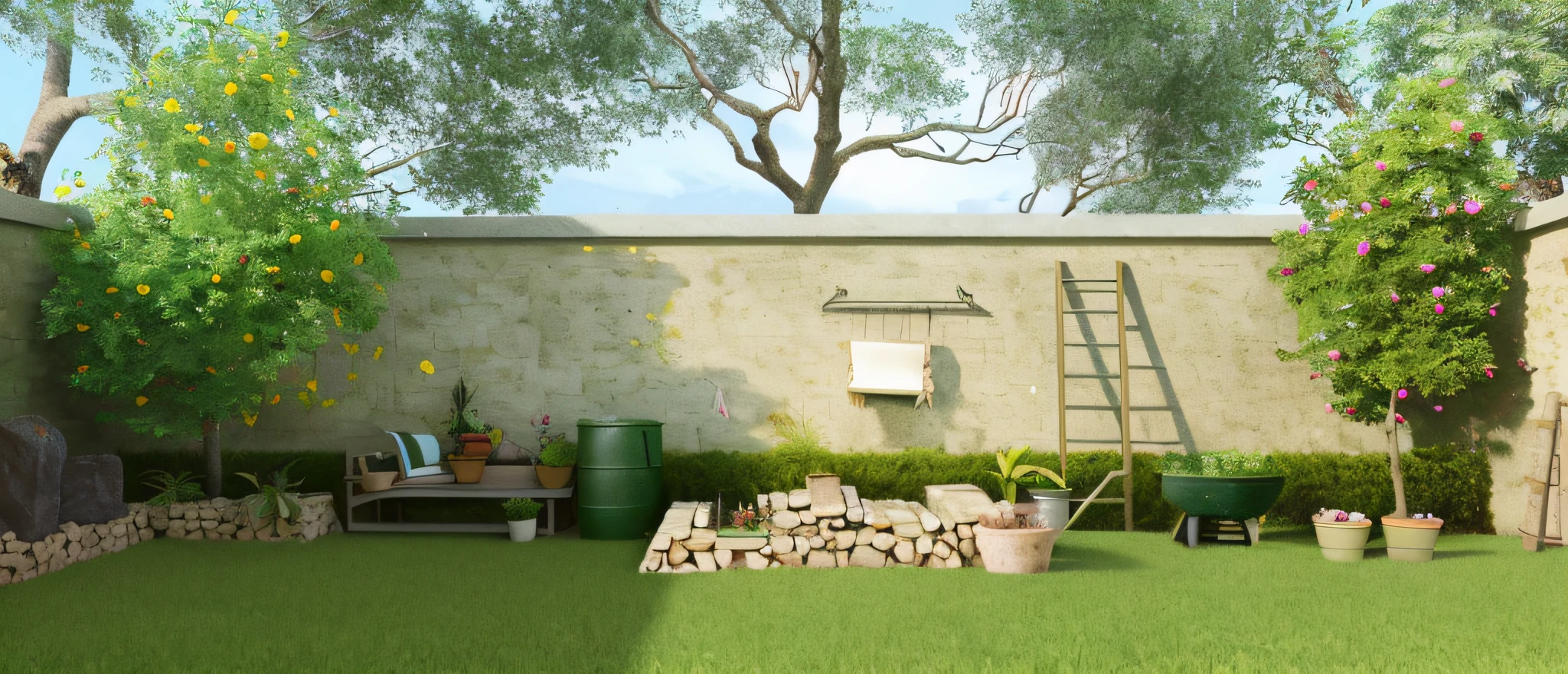 there is a small garden with a ladder and a potted plant, natural realistic render, realistic scene, hyper detailed scene, realistic garden, pastoral backyard setting, hyper-realistic render, hyper - realistic render, garden background, 3 d stylize scene, photorealistic style, garden environment, photorealistic render, hyper-realistic environment, photorender, photo realistic render