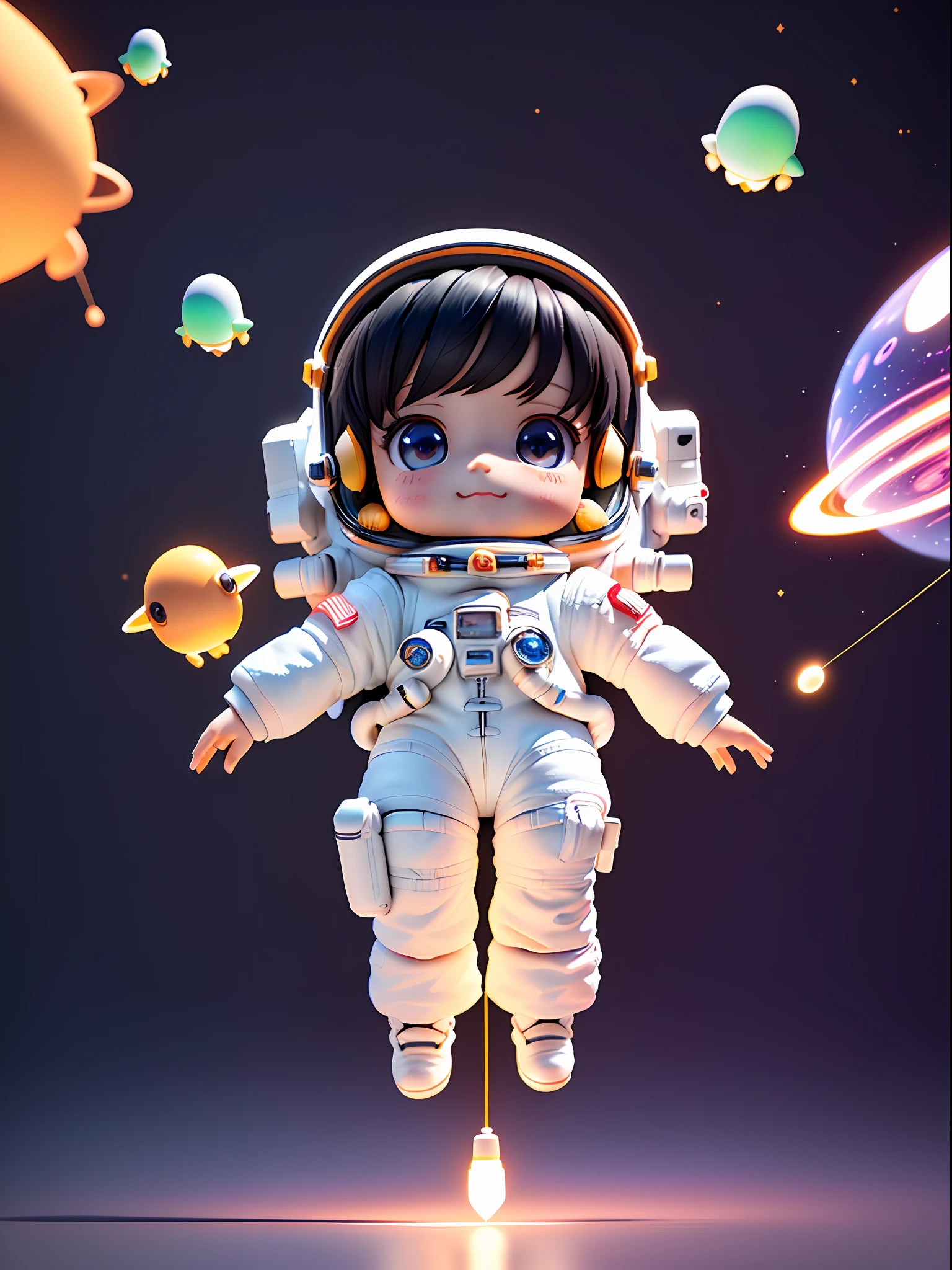 Super cute girl full body 3D drawing, 1pc, good looking eyes, big eyes, cute, happy, c4d, pop matt blind box, glowing bubbles, toys, solid color background, chibi, fluorescent translucency, luminous body, kawaii, doll, (((astronaut, white spacesuit)))), reference sheet, pop mart blind box, Pixar, intricate details, 3d rendering, blender, oc renderer, fol reference body sheet, dribble, High Details, 8K, Studio Lighting, , Petite, Child, Chibi, SD characters: 1.1, Magic Space Background, Flying, Levitating, Black Hair