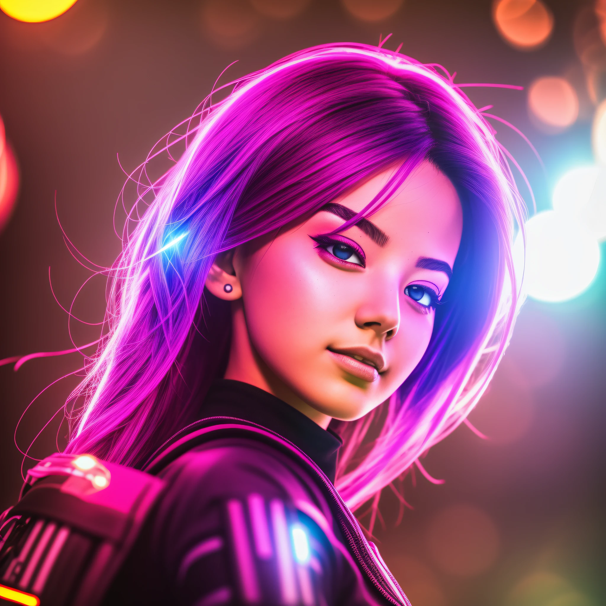 Raw photo, worm view shot, low angle cyberpunk vivid color girl, high contrast, sunny day, depht-of-field, bokeh, (frontlighting:1.2), (backlighting:0.75), (fill light:0.9), bloom, chromatic aberration, (lens flare:1.2),
