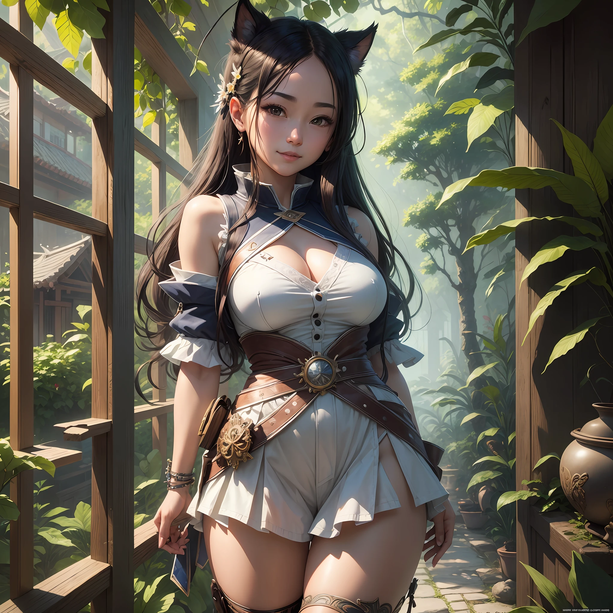 portrait of beautiful Haruno SakuraNS, solo, olhando_para_visualizador, forehead protector, fundo_simples, smile, fundo_branco, boca_fechada, shorts, short_shorts, mangas_curtas, standing, dress, villa, east asian architecture, trees, village hidden in leaves, volumetric lighting, best quality, masterpiece, intricate details, tone mapping, sharp focus, hyper detailed, trend on Artstation --auto --s2
