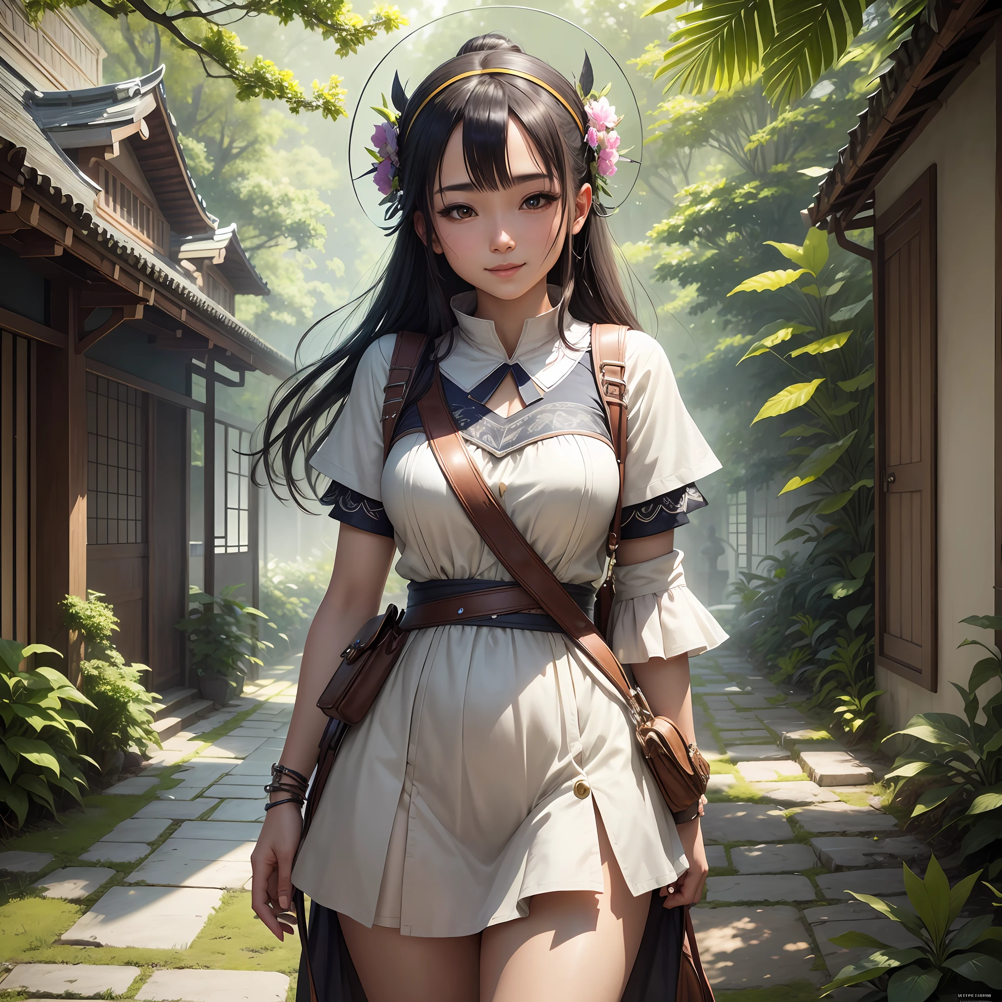 portrait of beautiful Haruno SakuraNS, solo, olhando_para_visualizador, forehead protector, fundo_simples, smile, fundo_branco, boca_fechada, shorts, short_shorts, mangas_curtas, standing, dress, villa, east asian architecture, trees, village hidden in leaves, volumetric lighting, best quality, masterpiece, intricate details, tone mapping, sharp focus, hyper detailed, trend on Artstation --auto --s2