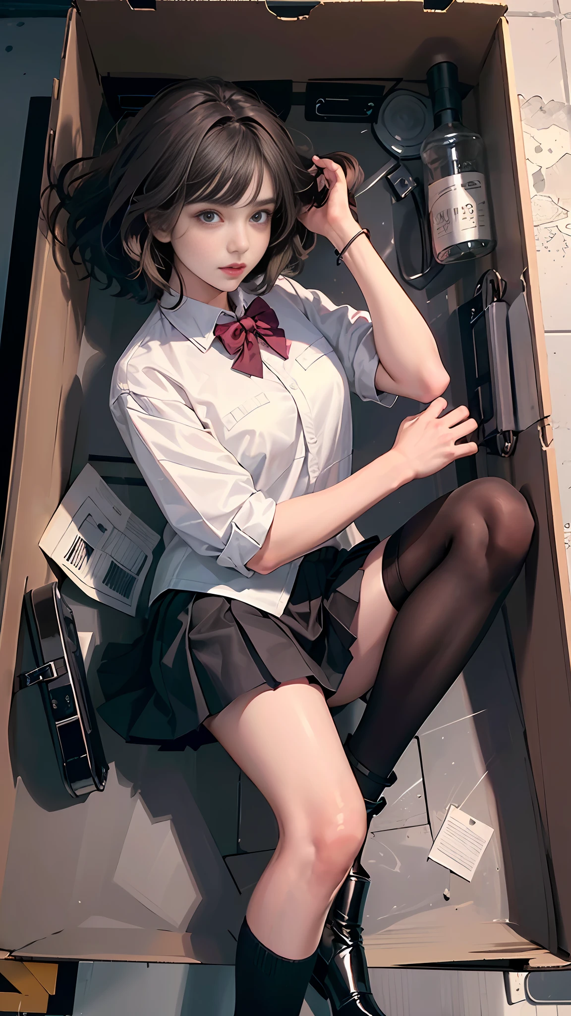 (a girl with short brown hair black miniskirt curled up in box: 1.5), girl in box, (top view: 1.3), knees up, legs bent, full body, JK uniform, long legs, (masterpiece), (best quality), realistic, cinematic light, cool pose, perfect figure, high heels, pink longsword in hand,