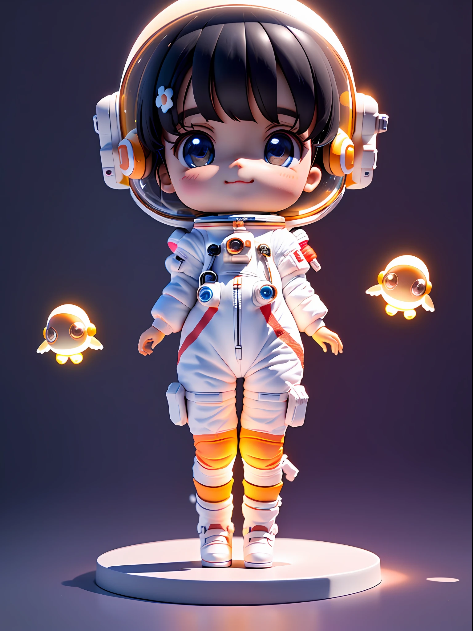 Super cute girl full body 3D drawing, 1pc, good looking eyes, big eyes, cute, happy, c4d, pop matt blind box, glowing bubbles, toys, solid color background, chibi, fluorescent translucency, luminous body, kawaii, doll, (((astronaut, white spacesuit)))), reference sheet, pop mart blind box, Pixar, intricate details, 3d rendering, blender, oc renderer, fol reference body sheet, dribble, High Details, 8K, Studio Lighting, Loli, Petite, Child, Chibi, SD characters: 1.1, Magic Space Background, Flying, Levitating, Black Hair