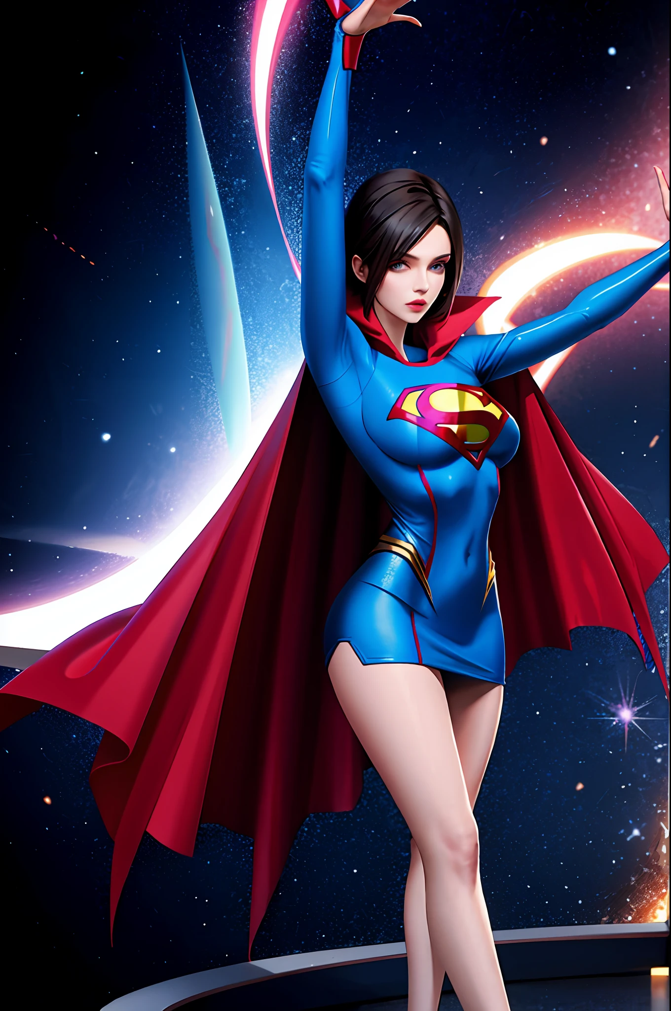 there's a woman in a short dress walking on a runway, digital art by Nelson Alexander Ross, winner of the Artstation contest, neo-dada, neosurrealism. digital art, neosurrealism, neo surrealism, cover art, giant art, dreamy cyberpunk girl, promotional art, using superman S symbol, tracer in a tight dress, near a galaxy, skydoll noa, superman s
