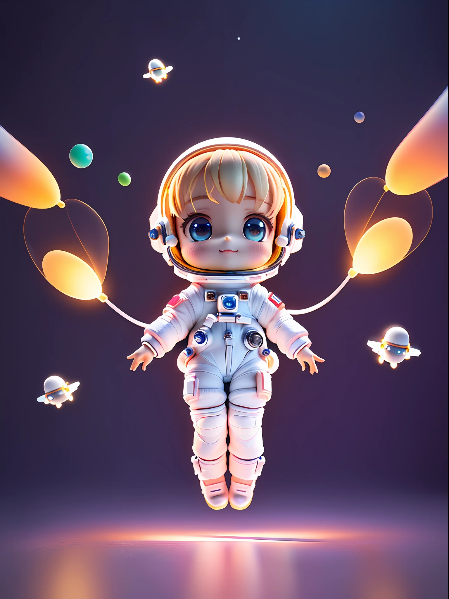 Super cute girl full body 3D drawing, 1pc, good looking eyes, big eyes, cute, happy, c4d, pop matt blind box, glowing bubbles, toys, solid color background, chibi, fluorescent translucency, luminous body, kawaii, doll, (((astronaut, white spacesuit)))), reference sheet, pop mart blind box, Pixar, intricate details, 3d rendering, blender, oc renderer, fol reference body sheet, dribble, High Details, 8K, Studio Lighting, Loli, Petite, Child, Chibi, SD Characters: 1.1, Magic Space Background, Fly, Levitation