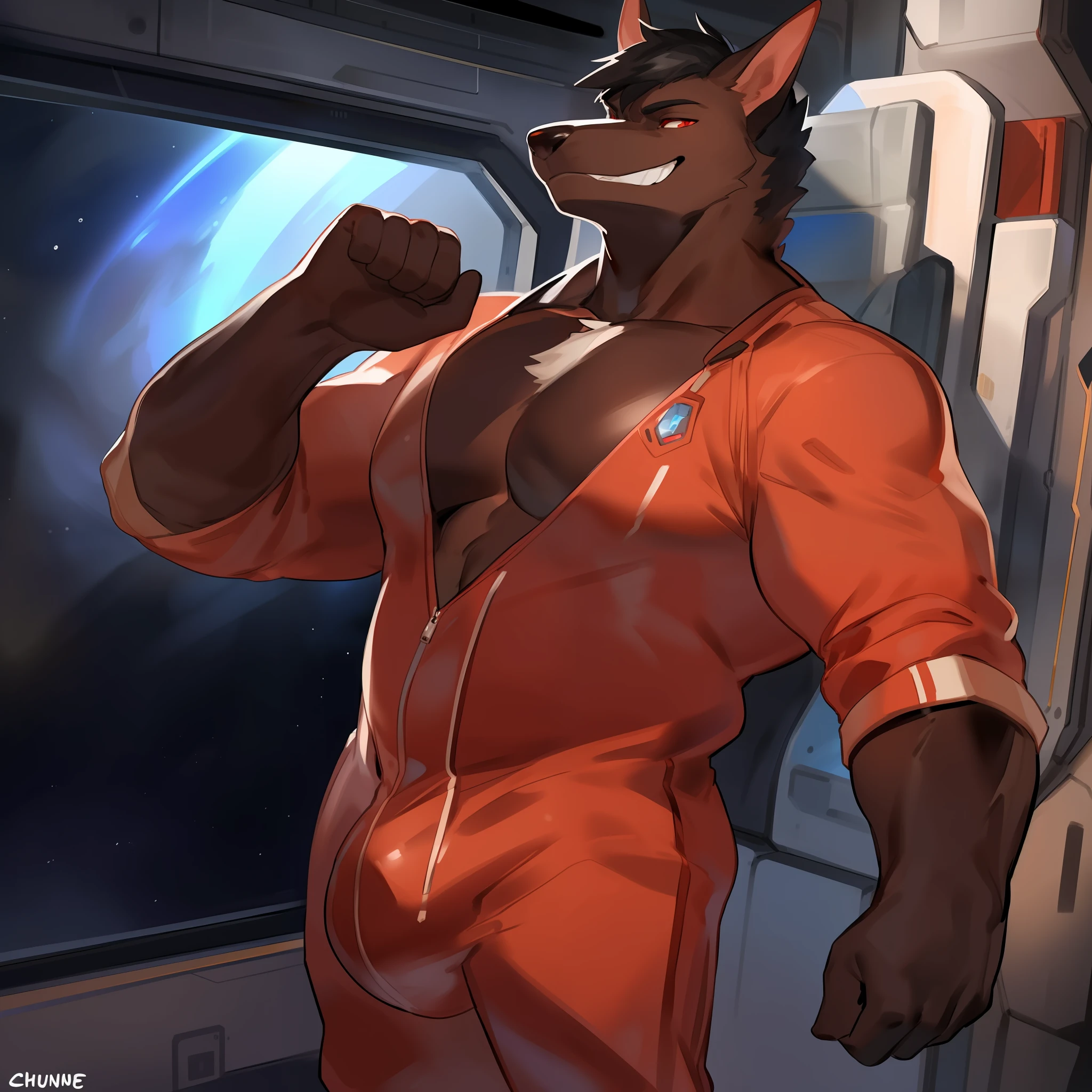 Solo, male, dobermann, canine, (((snout, long snout, pointy snout))), red eyes, detailed eyes, detailed hands, handscome, black hair, short hair, tall ears, teeth, smirking, smug expression, threatening expression, evil grin, muscular, massive biceps, large pecs, overweight, large, big, thick, massive meaty bulge, red jumpsuit, red spaceship, standing, spaceship, space, window,  by bebebebebe, by chunie, by buta99, by mystikfox61