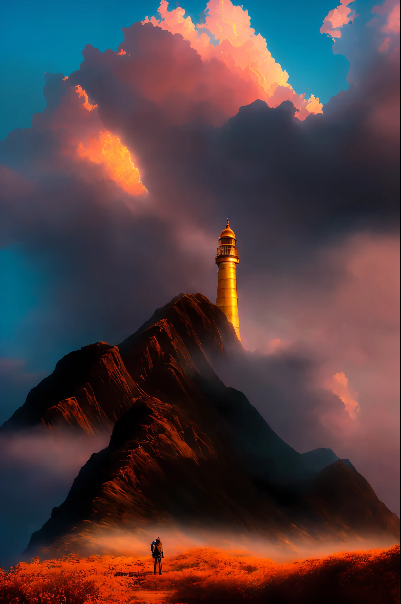 (beautiful magnificent skyline, magnificent sky), (very tense and dramatic graphics, moving visual effects), (high hanging North Star, colorful natural light), Piroxium Diffusion style, man standing in front of a golden lighthouse, anime style, soft golden lights, very detailed, beautiful, oil painting