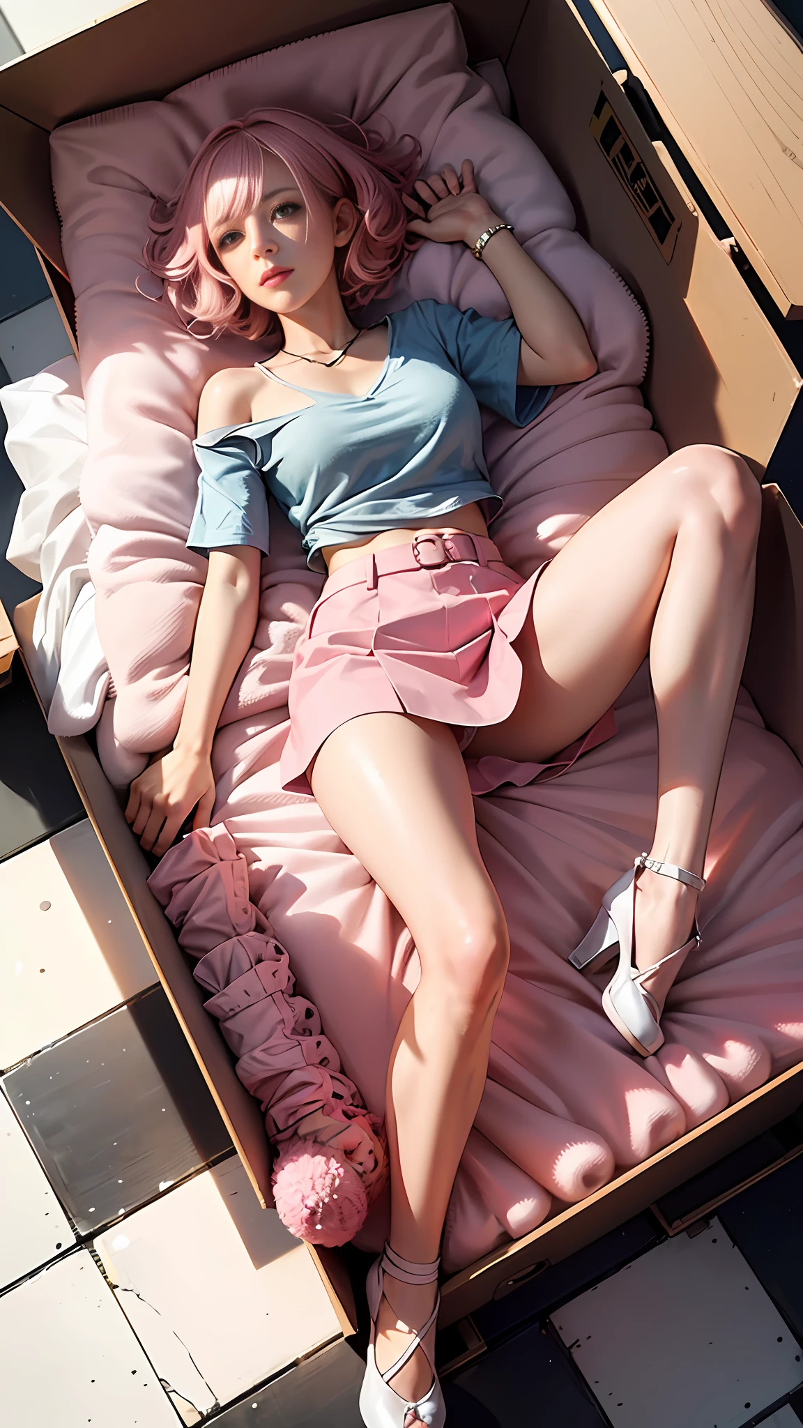 (A girl with short pink hair pink miniskirt curled up in the box: 1.5), (top view: 1.3), white shirt, knees up, legs bent, full body, long legs, (masterpiece), (best quality), realistic, cinematic light, cool pose, perfect figure, high heels,