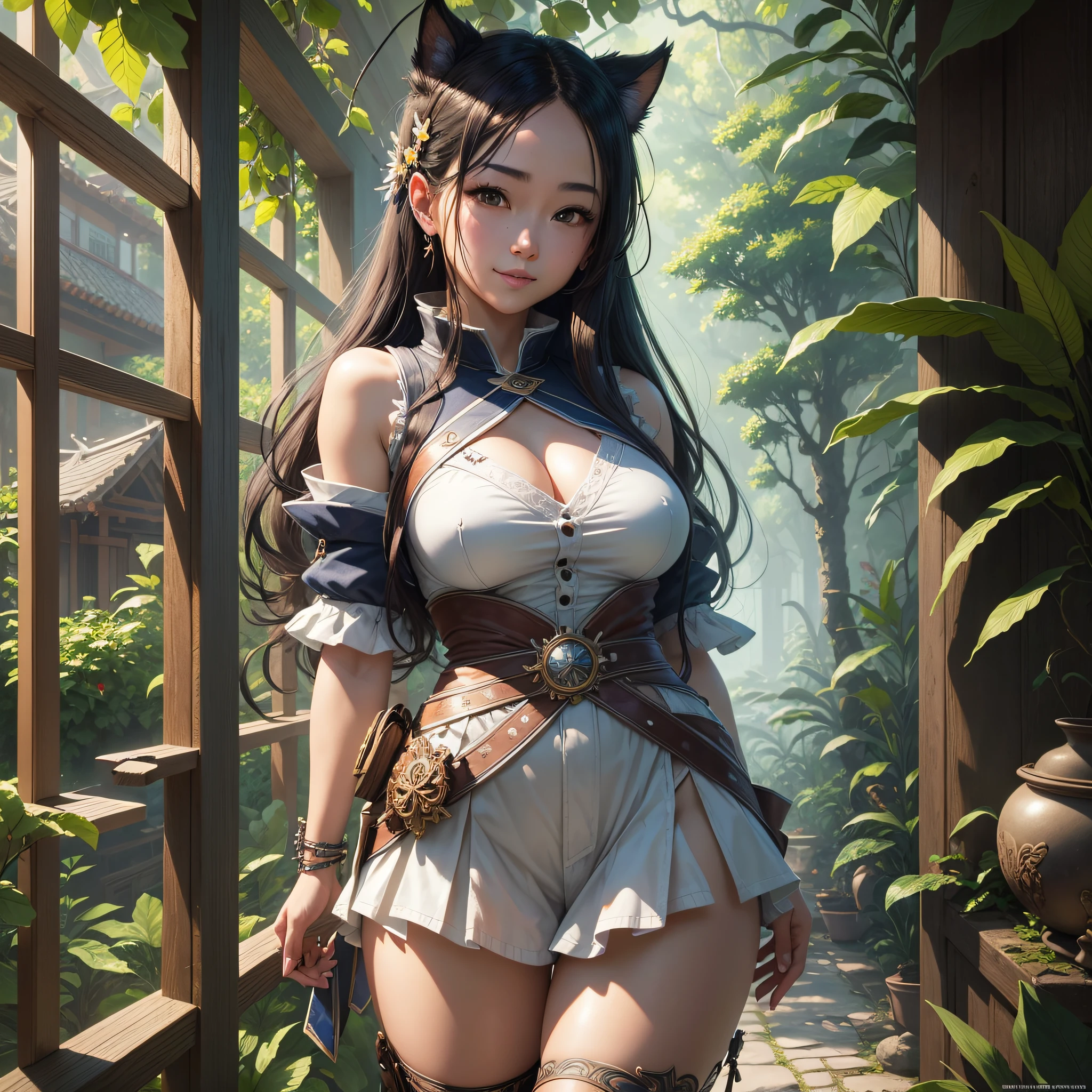 portrait of beautiful Haruno SakuraNS, solo, olhando_para_visualizador, forehead protector, fundo_simples, smile, fundo_branco, boca_fechada, shorts, short_shorts, mangas_curtas, standing, dress, villa, east asian architecture, trees, village hidden in leaves, volumetric lighting, best quality, masterpiece, intricate details, tone mapping, sharp focus, hyper detailed, trend on Artstation --auto --s2