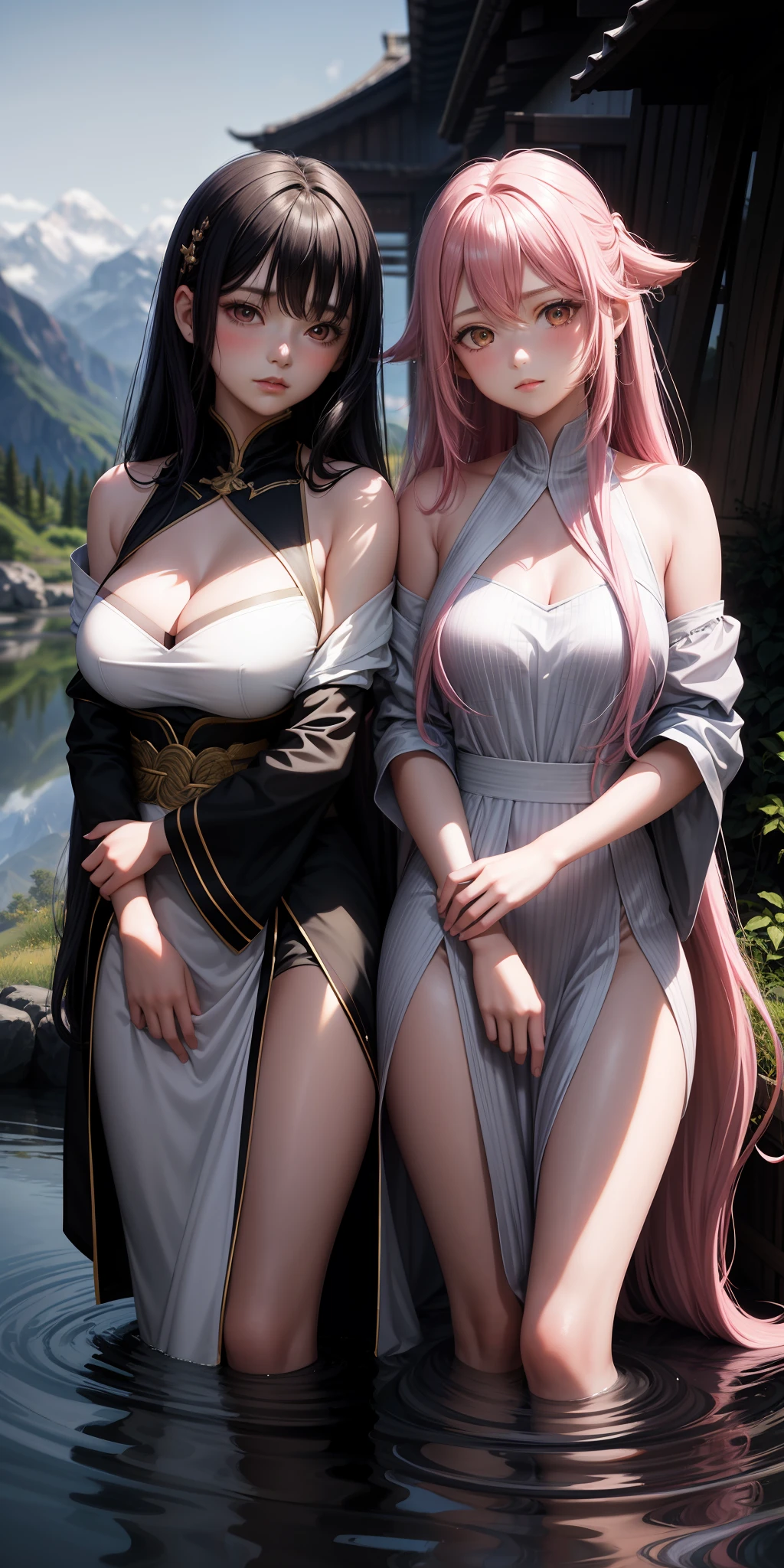 2 girls, serene expression, 1 girl (PINK hair), 1 girl (BLACK hair), long straight hair, flowing dress, shiny skin, subtle blush, warm tones, sun reflection, shadows, distant mountains, willow, reflection, illuminated clouds, ultra detailed, large breasts, neckline, crevices, oriental, yae miko, sarah
