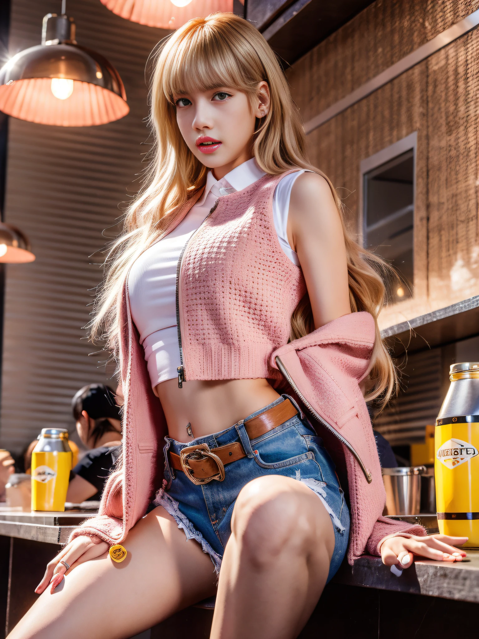 Lisa light yellow long hair, Lisa face shape, pink vest, pink hot pants, accessories, sexy, open waist long legs, café, masterpiece, aspect, realism, HD, photography lighting, 16k