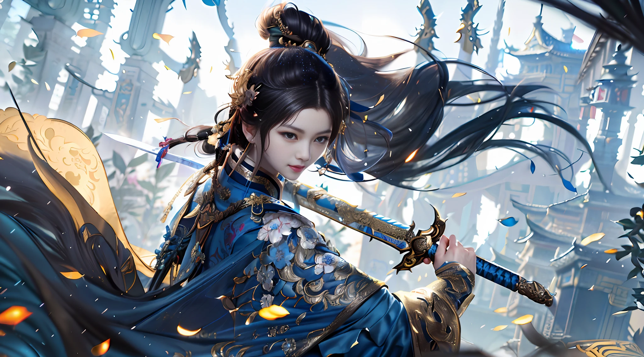 Best Quality, 8K, Masterpiece: 1.3)), (One: 1.4), Portrait Photography, High Contrast, God Perspective, Aperture F1.2, Focal Length 24mm, A Chinese Woman (Full Body: 1.2, Ultra-detailed skin detail, Detailed fabric texture, Alafard's blue dress image of woman holding a sword, Alice Chang, Yang J, artgerm and atey ghailan, cgsociety and Fenghua Zhong, artgerm and Ruan Jia, Pan Chengwei on Artstation, epic exquisite character art, epic fantasy digital art style