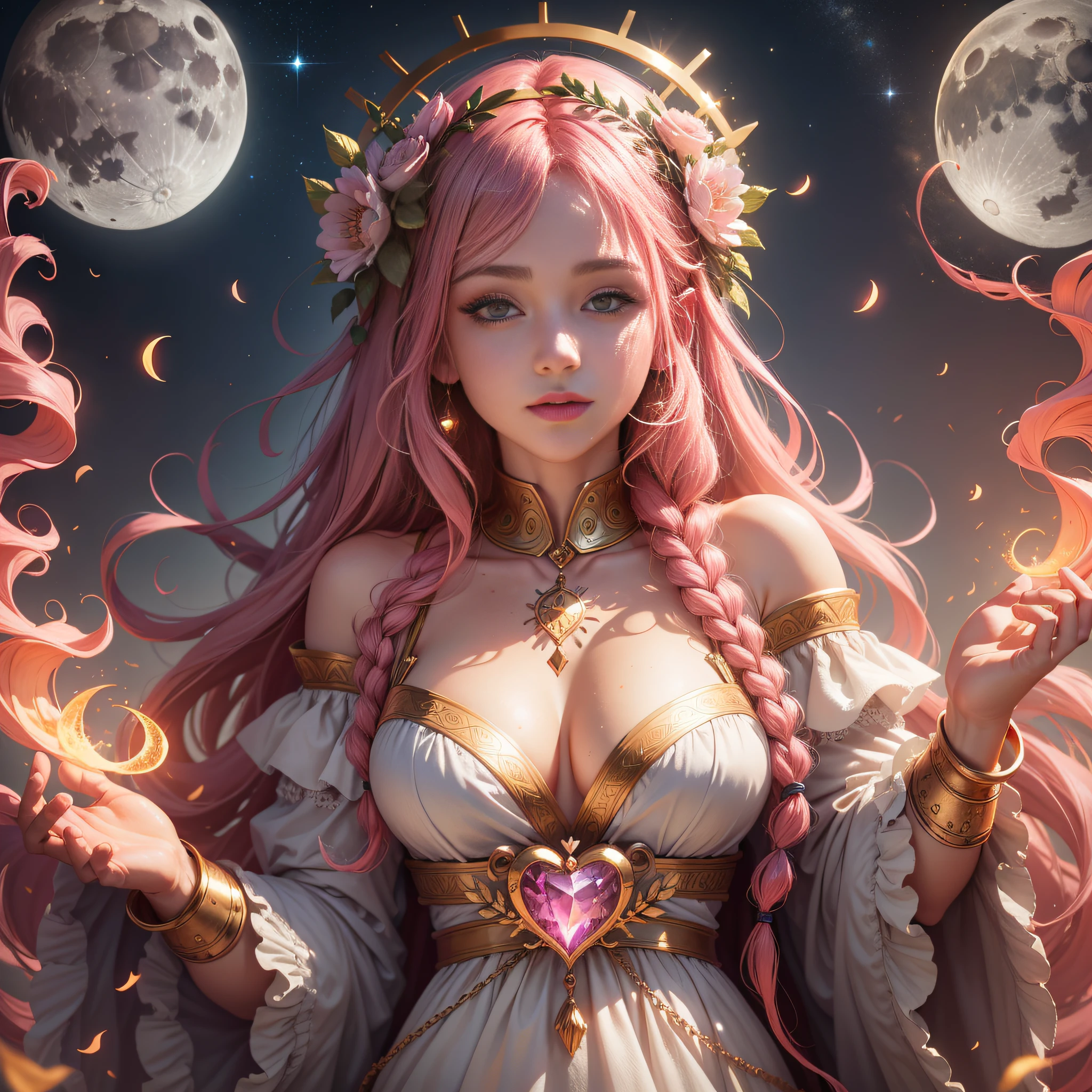 masterpiece, best quality, (extremely detailed unity 8k CG wallpaper), (best quality), (best illustration), (best shadow), absurdities, realistic lighting, night, darkness, giant, white clothing, ancient clothing, greek clothing, Goddess, Ancient Goddess, Aphrodite, deity, small breasts, pink hair, freckles, long hair, gold details, red flowers, pink smoke, glorious pose, night, moon, holding a heart, beautiful detailed glow, Luminous background glow, various hearts around