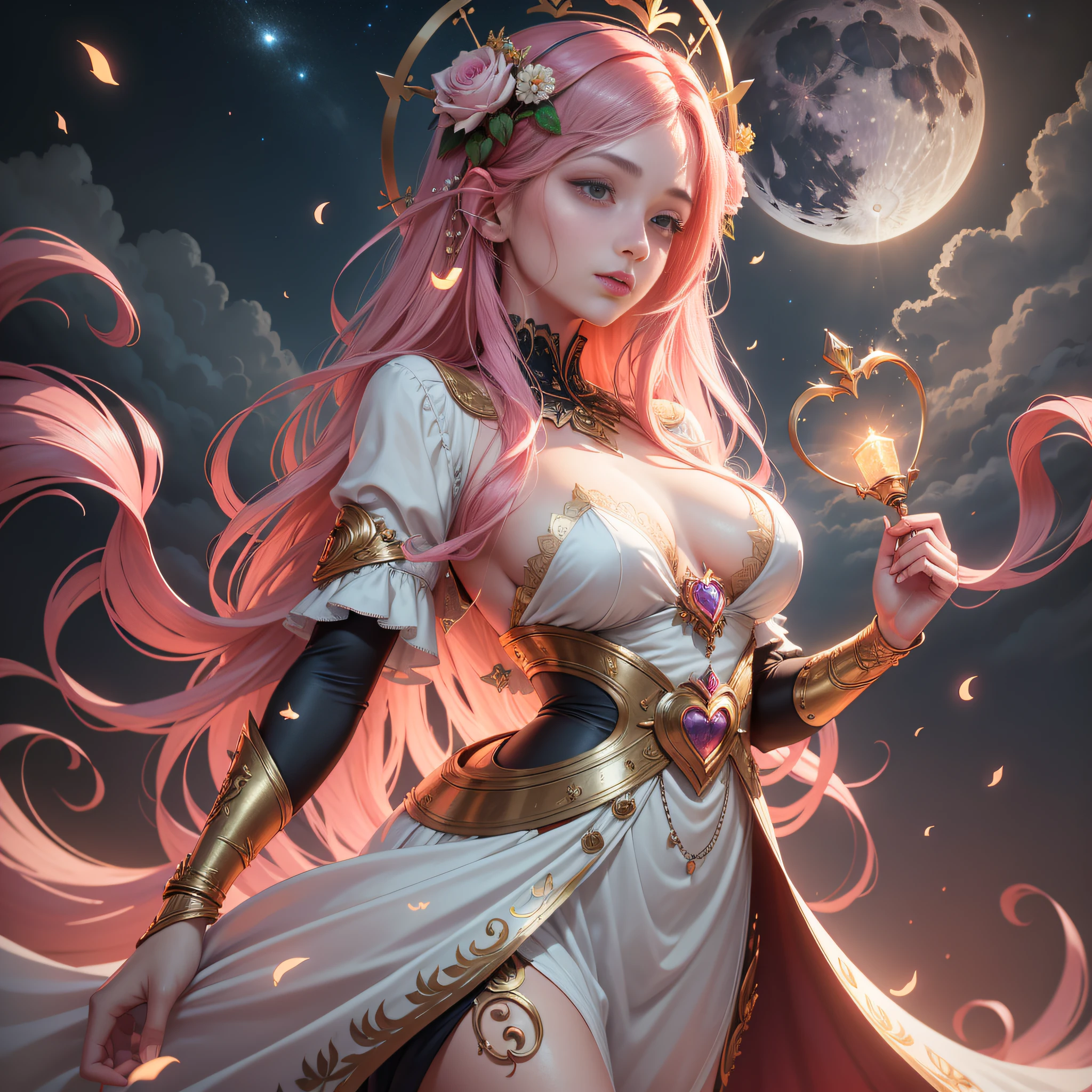 masterpiece, best quality, (extremely detailed unity 8k CG wallpaper), (best quality), (best illustration), (best shadow), absurdities, realistic lighting, night, darkness, giant, white clothing, ancient clothing, greek clothing, Goddess, Ancient Goddess, Aphrodite, deity, small breasts, pink hair, freckles, long hair, gold details, red flowers, pink smoke, glorious pose, night, moon, holding a heart, beautiful detailed glow, Luminous background glow, various hearts around
