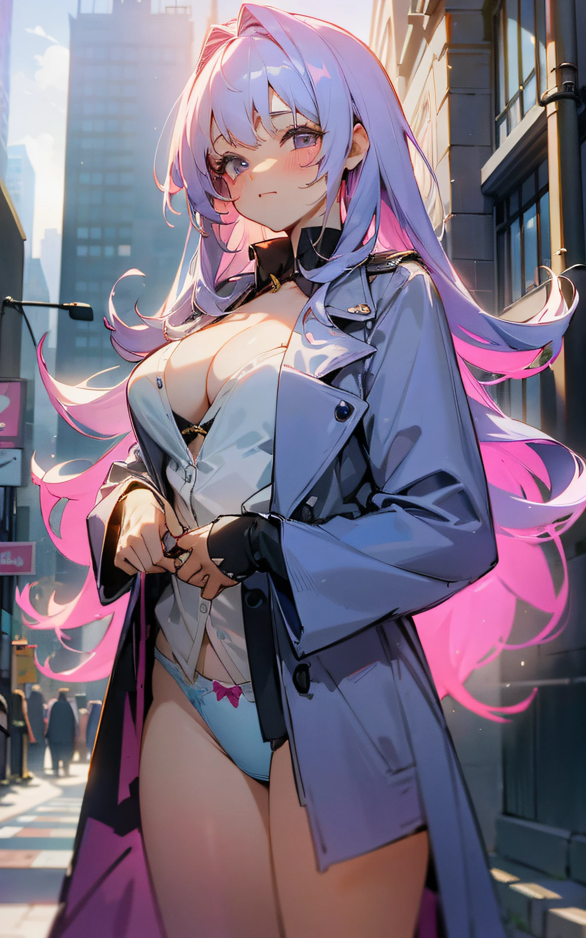 (Original Character、Unity 16K Wallpaper, Masterpiece, Best Quality, Ultra-Detailed, Extremely Detailed, Caustics, Cinematic Lighting, Detailed, Beautiful Detailed Eyes), Ultra High Resolution, fine skin, (busy city、strong light,,Slut,flasher、blush、showing cute panties)、(brighten the subject、undressing,open long coat,pastel hair color),casual、cleavage