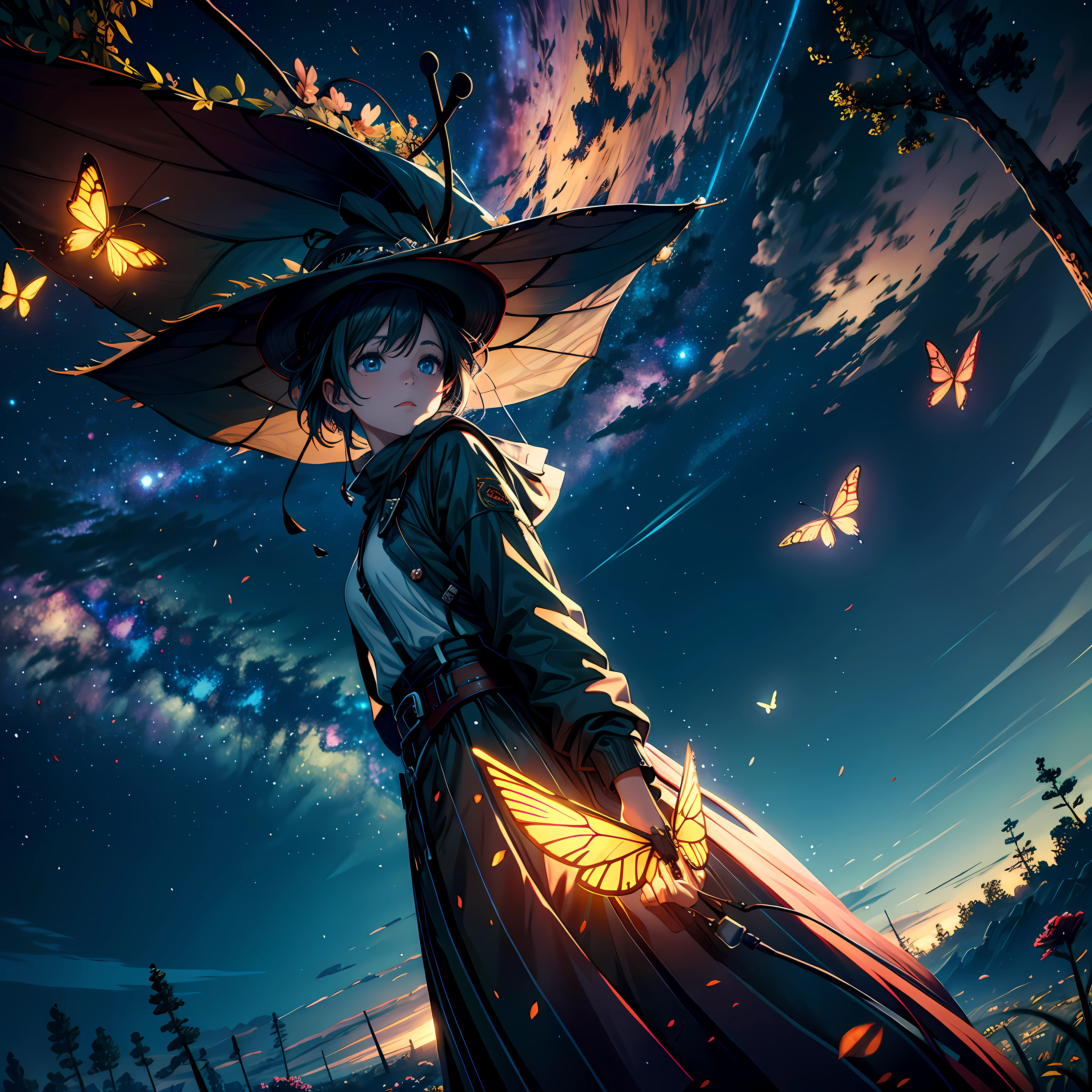 1 giant tree on the middle of a vast plains, giant tree,World tree, leafy tree, thick trunk, with colorful leaves and flowers, night sky, nocturnal, gray, a girl standing under the tree, BREAK firefly, colorful glowing butterfly, flying petal, BREAK,Detailed,Realistic,4k highly detailed digital art,octane render, bioluminescent, BREAK 8K resolution concept art, realism,by Mappa studios,masterpiece,best quality,official art,illustration,ligne claire,(cool_color),perfect composition,absurdres, fantasy,focused,rule of thirds