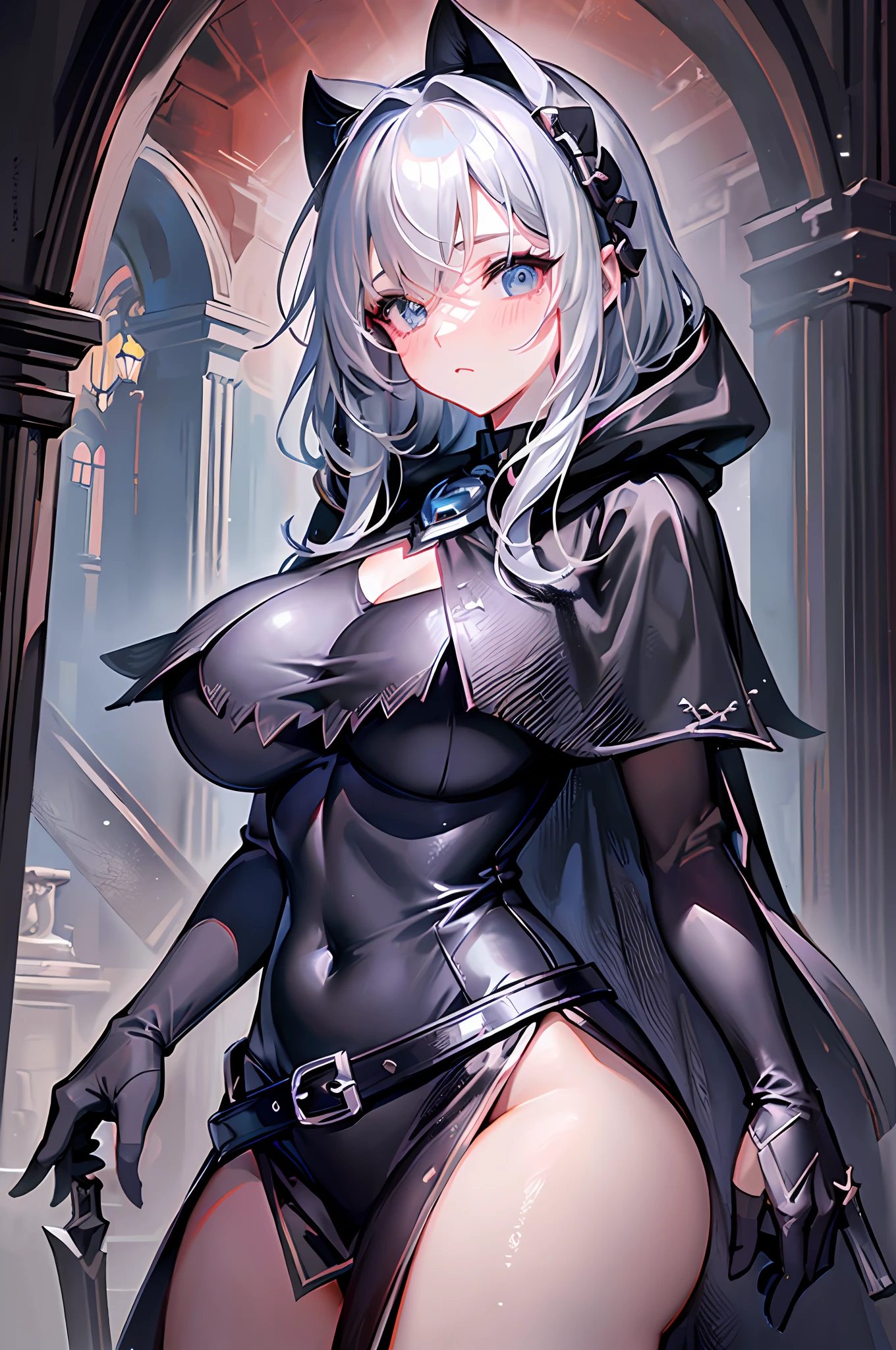 (((Masterpiece))), top quality, super detailed, blush, cute and playful, jet black swordsman, thick clothes, dark knight, full body, hood, black cloak, black belt, gothic, holding a great sword, medieval, church, temple, dark place, darkness, beautiful silver hair, tearing breasts, fluffy hairstyle, elastic breasts, light background, ((Huge chest)).