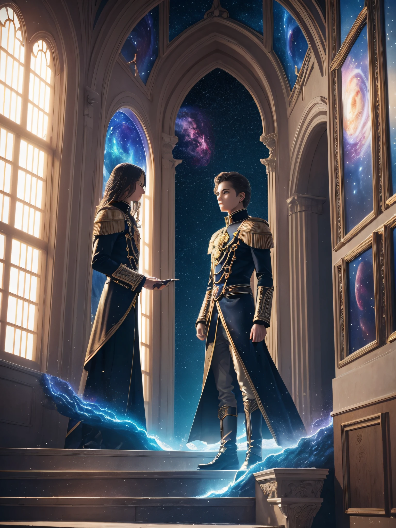 (32k, RAW photo, best quality, masterpiece: 1.5), ultra detailed, official art, photo-realistic: 1.37, upper body shot, being extradimensional humanized cosmic young master, celestial castle, horror scene, film grain, action pose, 32k