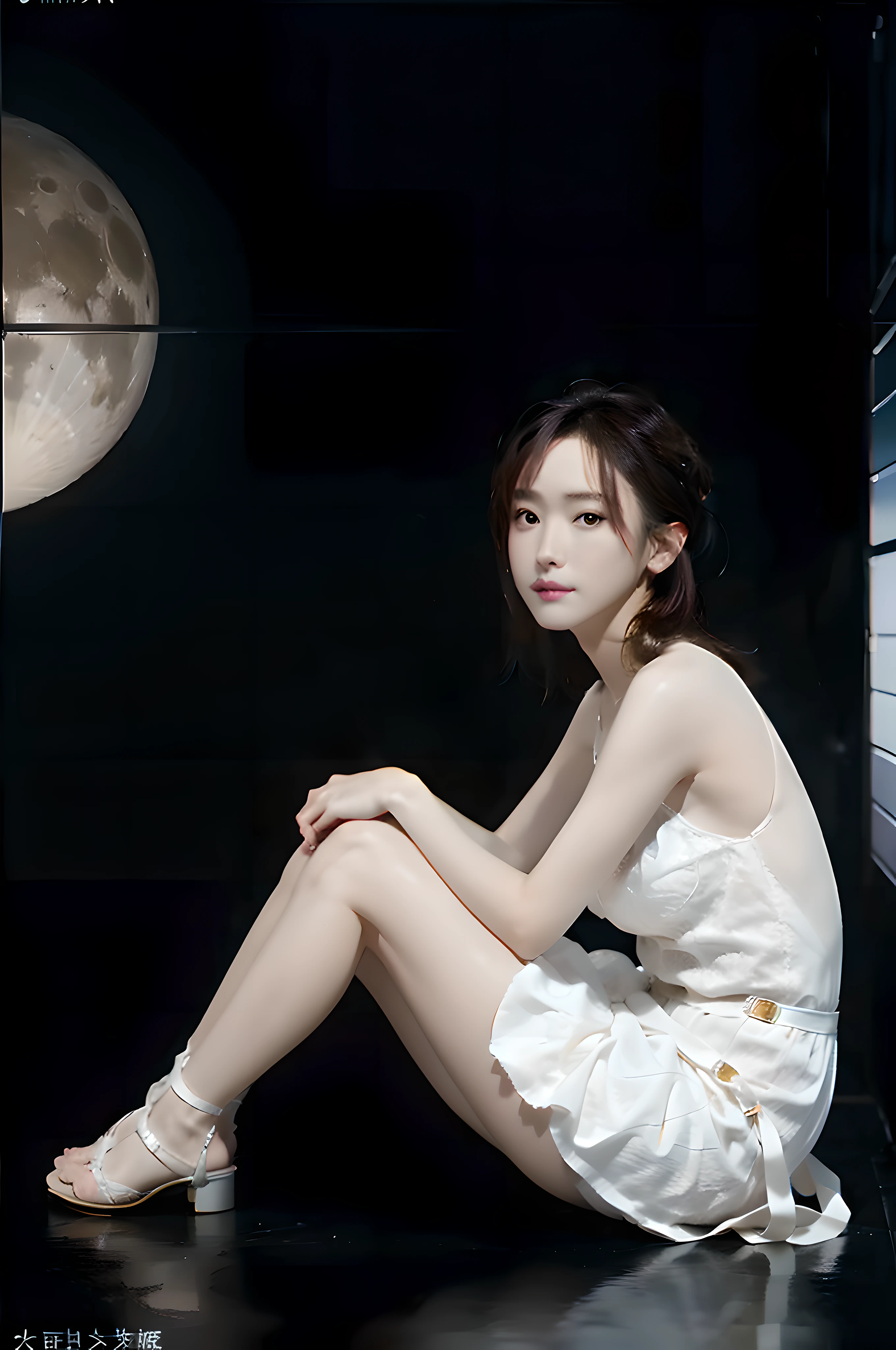 squat, pale skin naked gakki, masterpiece, best quality, ultra detailed RAW, high-resolution, ultra realistic, 16K, intricate details, full body, cinematic lighting, portrait, bokeh, (real skin, high detailed skin texture, abs, saggy boobs, slim body, skinny body), (in cyberpunk city, one large moon, reflection, night view, tokyo tower), wearing sheer white mini dress, open toe high heels, beautiful legs