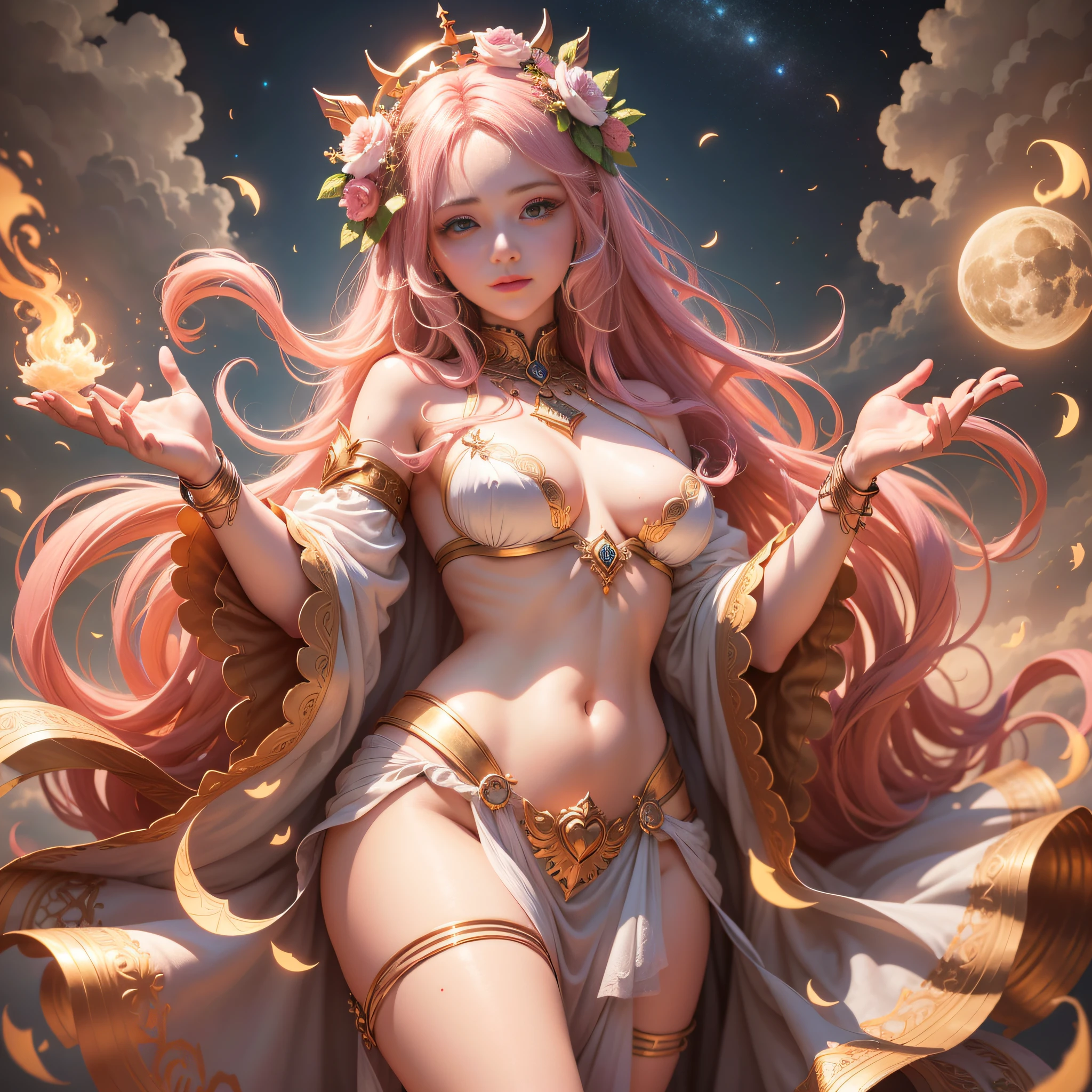 masterpiece, best quality, (extremely detailed unity 8k CG wallpaper), (best quality), (best illustration), (best shadow), absurdities, realistic lighting, night, darkness, giant, white clothing, ancient clothing, greek clothing, Goddess, Ancient Goddess, Aphrodite, deity, small breasts, pink hair, freckles, long hair, gold details, red flowers, pink smoke, glorious pose, night, moon, holding a heart, beautiful detailed glow,  Luminous background glow, various hearts around