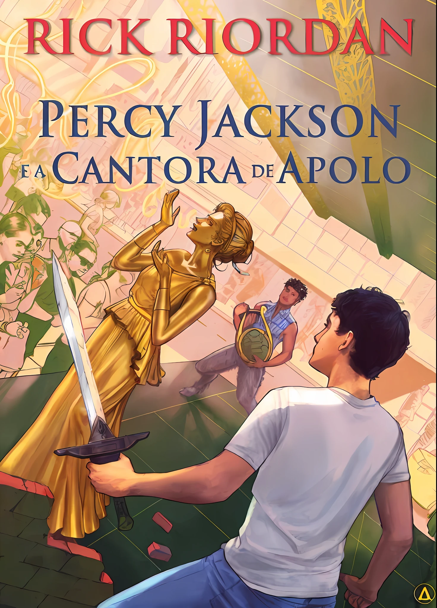 4k, detailed. Male ager in white T-shirt and dark hair, holding a sword. In front of him is a golden statue of a woman. In the background, there is a satyr. They're on a stick of music