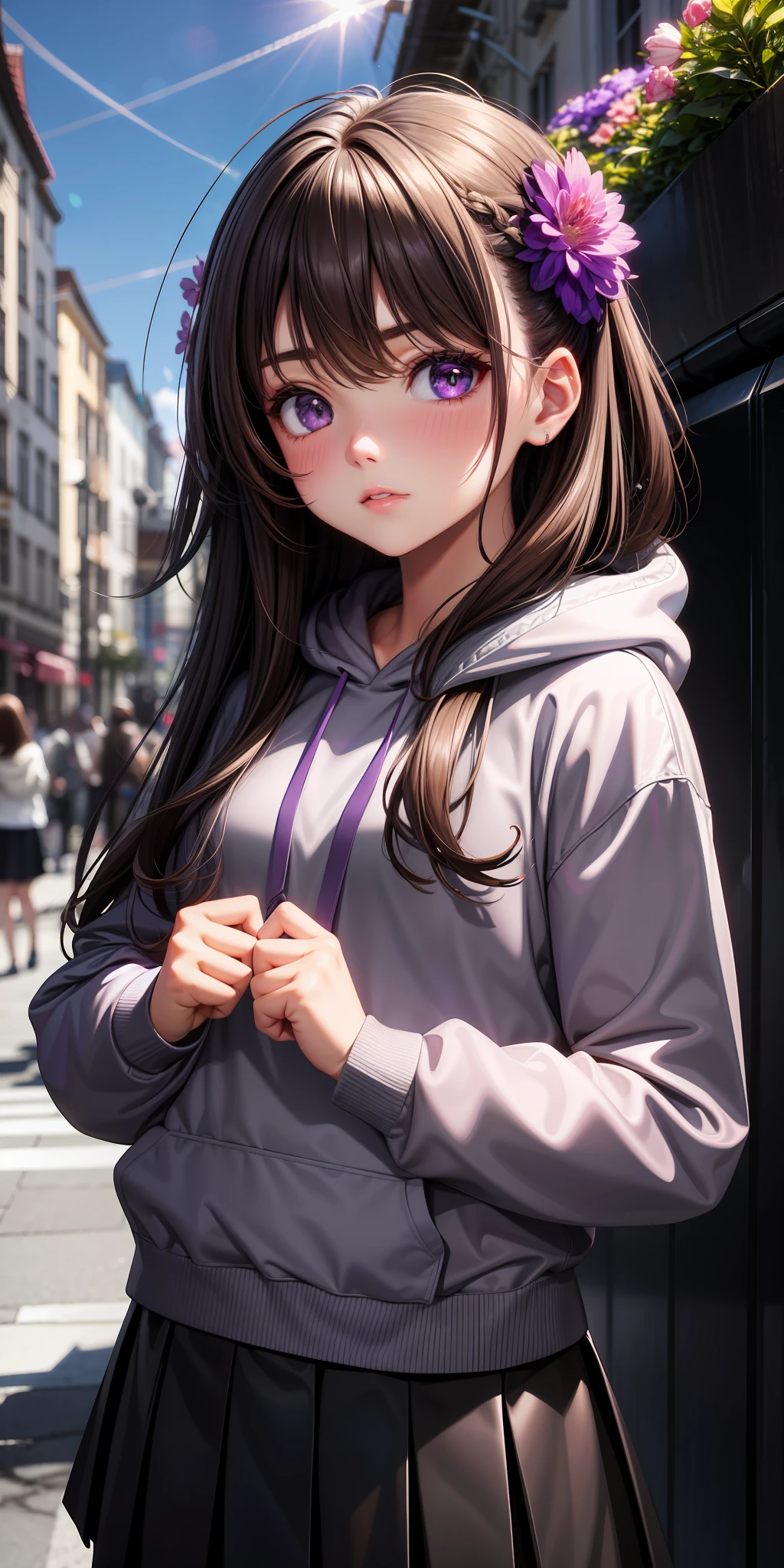 1girl, brown hair, purple eyes, glowing eyes, grey hoodie, skirt, parted lips, blush, flowers, sun, sunlight,