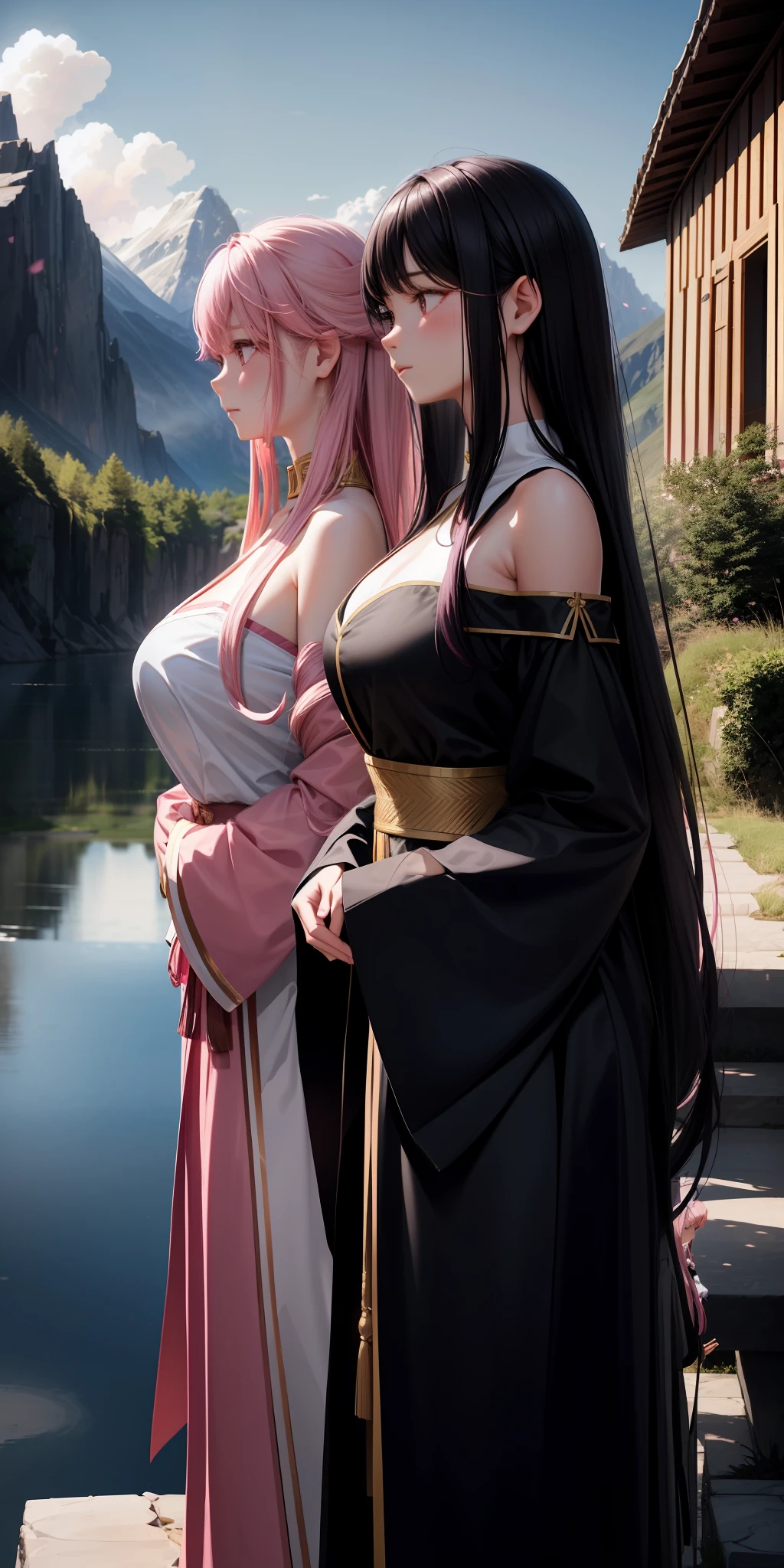 2 girls, serene expression, 1 girl (PINK hair), 1 girl (BLACK hair), long straight hair, flowing dress, shiny skin, subtle blush, warm tones, sun reflection, shadows, distant mountains, willow, reflection, illuminated clouds, ultra detailed, large breasts, neckline, crevices, oriental, yae miko, kujou sara