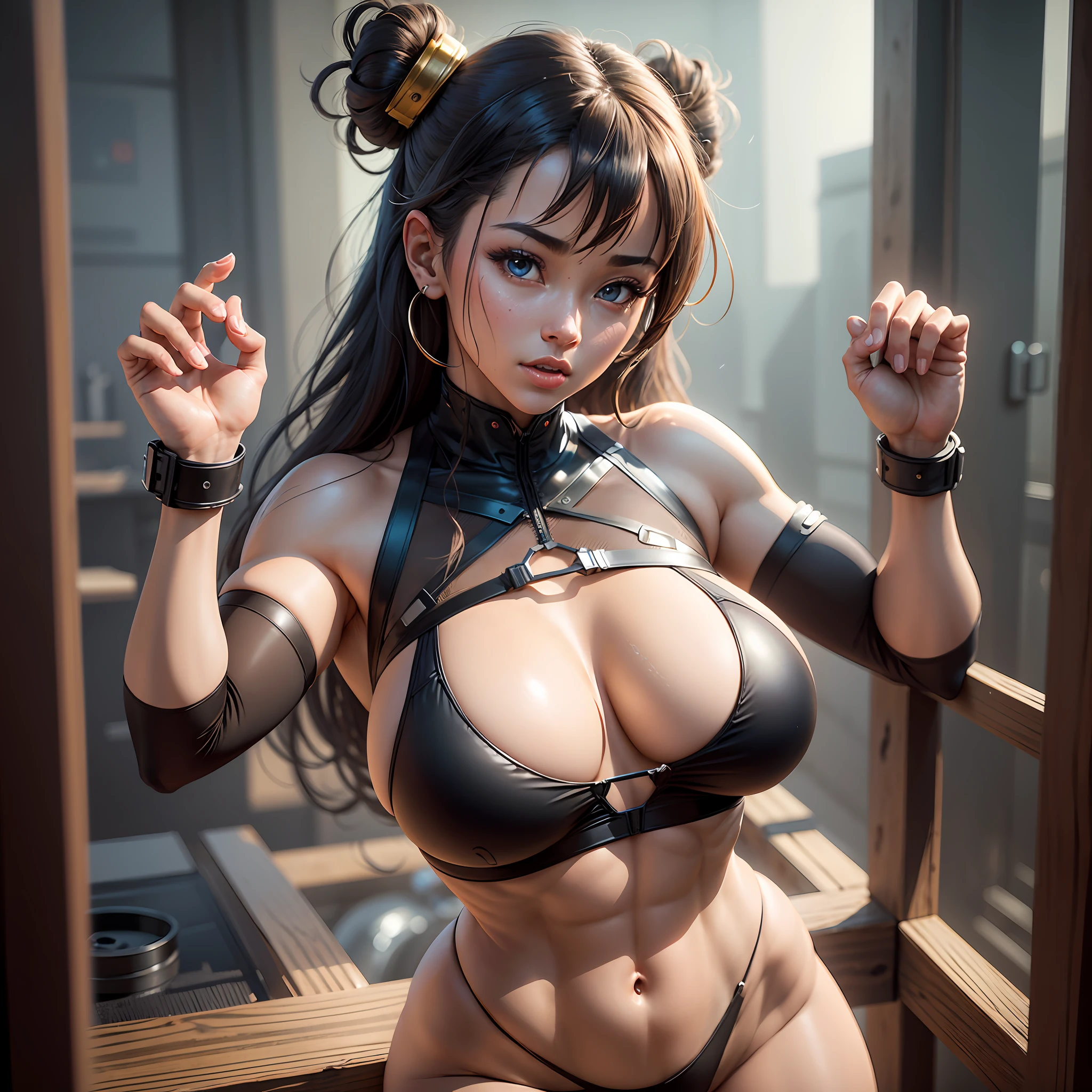 Anime girl Genshin Impact, in transparent black micro bikini, tight exposing her breasts, camel finger, posing on a wooden railing, mega large breasts, curvy and super thick, six-pack abs, sexy chest centering, excited, sfw, a girl, solo, perfect body, perfect face, perfect hands, perfect fingers, perfect lips, perfect eyes, perfect background,  perfect vibration, professional quality, 8k, perfect photography, highest resolution, 8k, ray tracing, perfect volumetric lighting, high quality octane rendering, high quality vector, ultra detailed, SAW movie scene, torture room, light skin, minimalist background, perfect skin, no freaks. --auto --s2