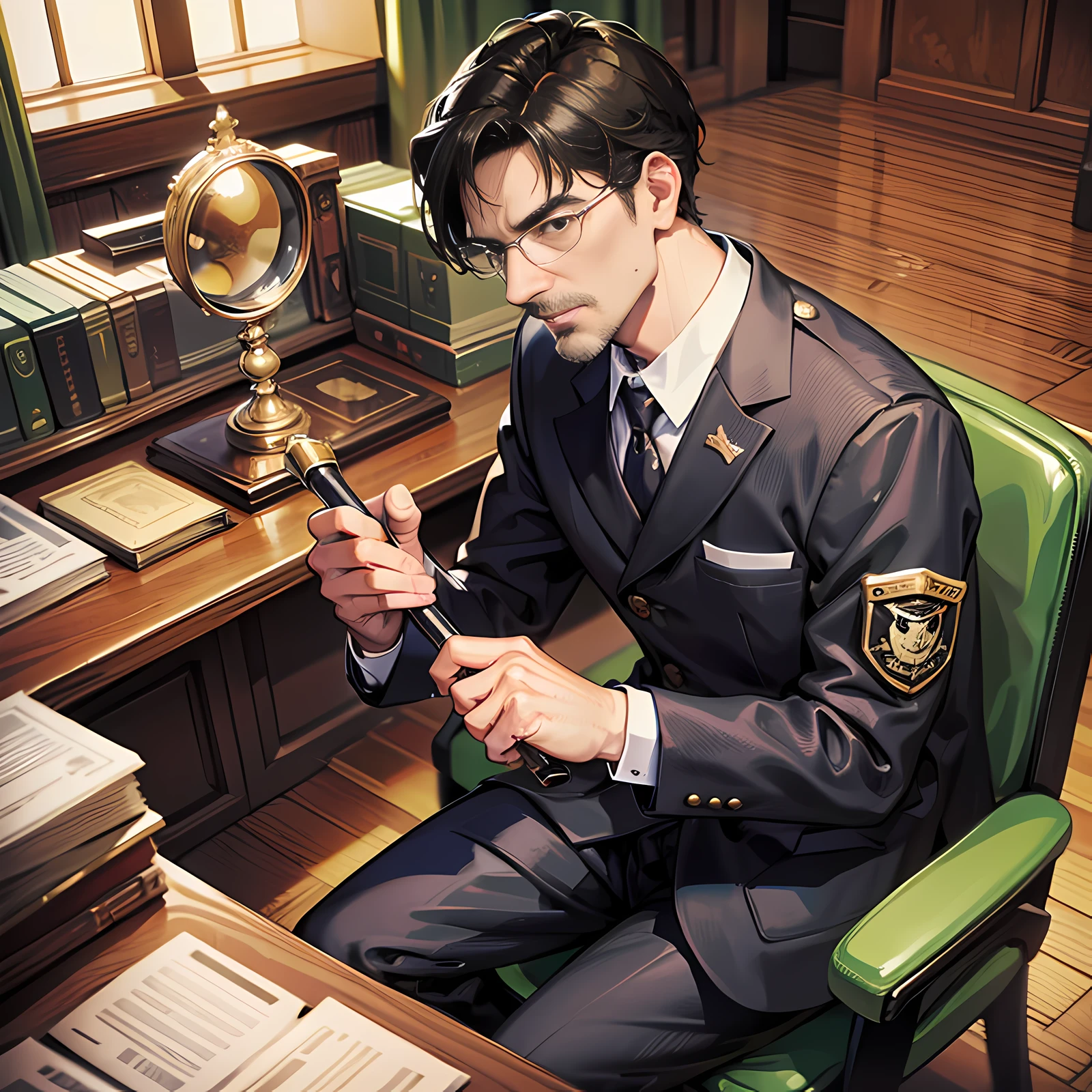In the courthouse, there is a middle-aged man, judge, sitting, short black hair, serious, holding a gavel, super detailed, 4k, super detailed,