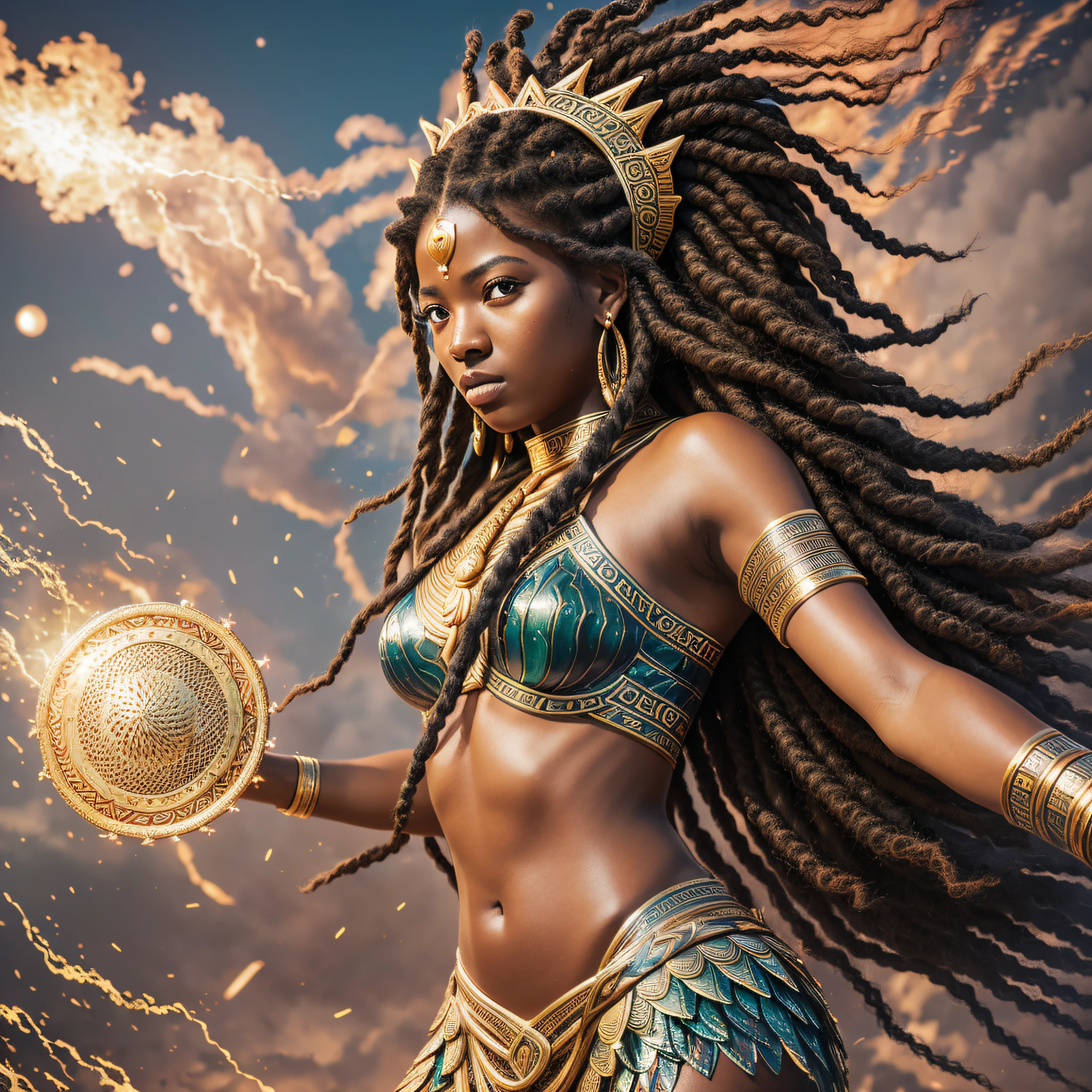 (Best quality, masterpiece), 1girl, black skin, Athena goddess of war, mami water (Mermaid), Ancient alien goddess, flow, dread locks, red dress, particles, aura, looking at the audience, 8k resolution, contempt, pride, Hyper realistic, Nikon D850, Photography, Picture of the week, --auto --s2