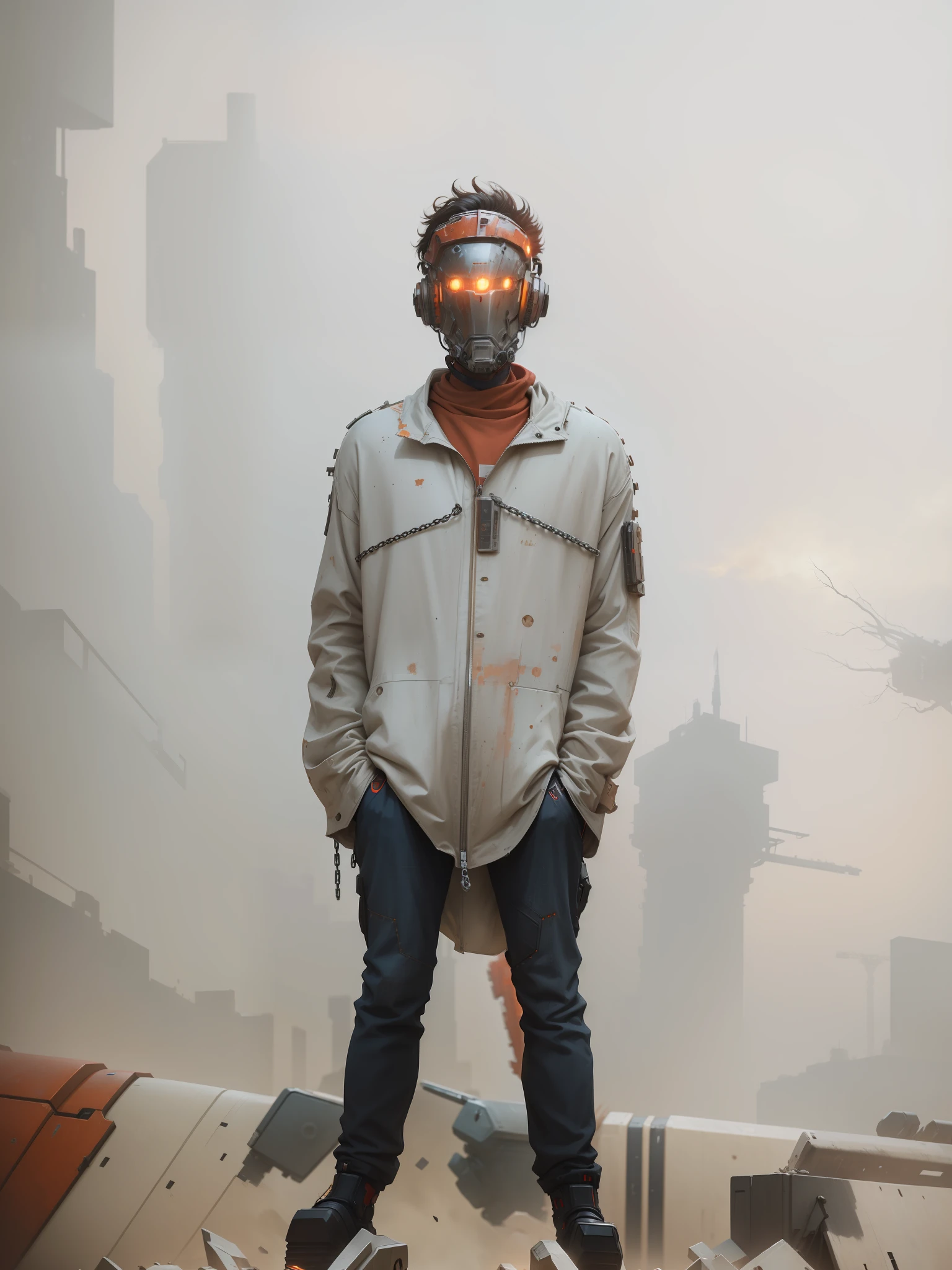 On the moon, barren planet, ruins, holding weapons, no humans, glowing, robot, building, glowing eyes, orange mech, science fiction, city, reality, mecha, galaxy background, full body, neon, cyber Punk, 8K wallpapers, ultra-detailed artwork, cinematic lighting, realistic photos, Dark_Fantasy, Cyberpunk, (chain saw, chain saw man, Red: 1.1), 1man, Mechanical marvel, Robotic presence, Cybernetic guardian, wearing a worn-out machine armor suit, intricate, (steel metal [rust]), elegant, sharp focus, photographed by greg rutkowski, soft lighting, vibrant colors, masterpiece, ((street)), cowboy shot, dynamic pose,