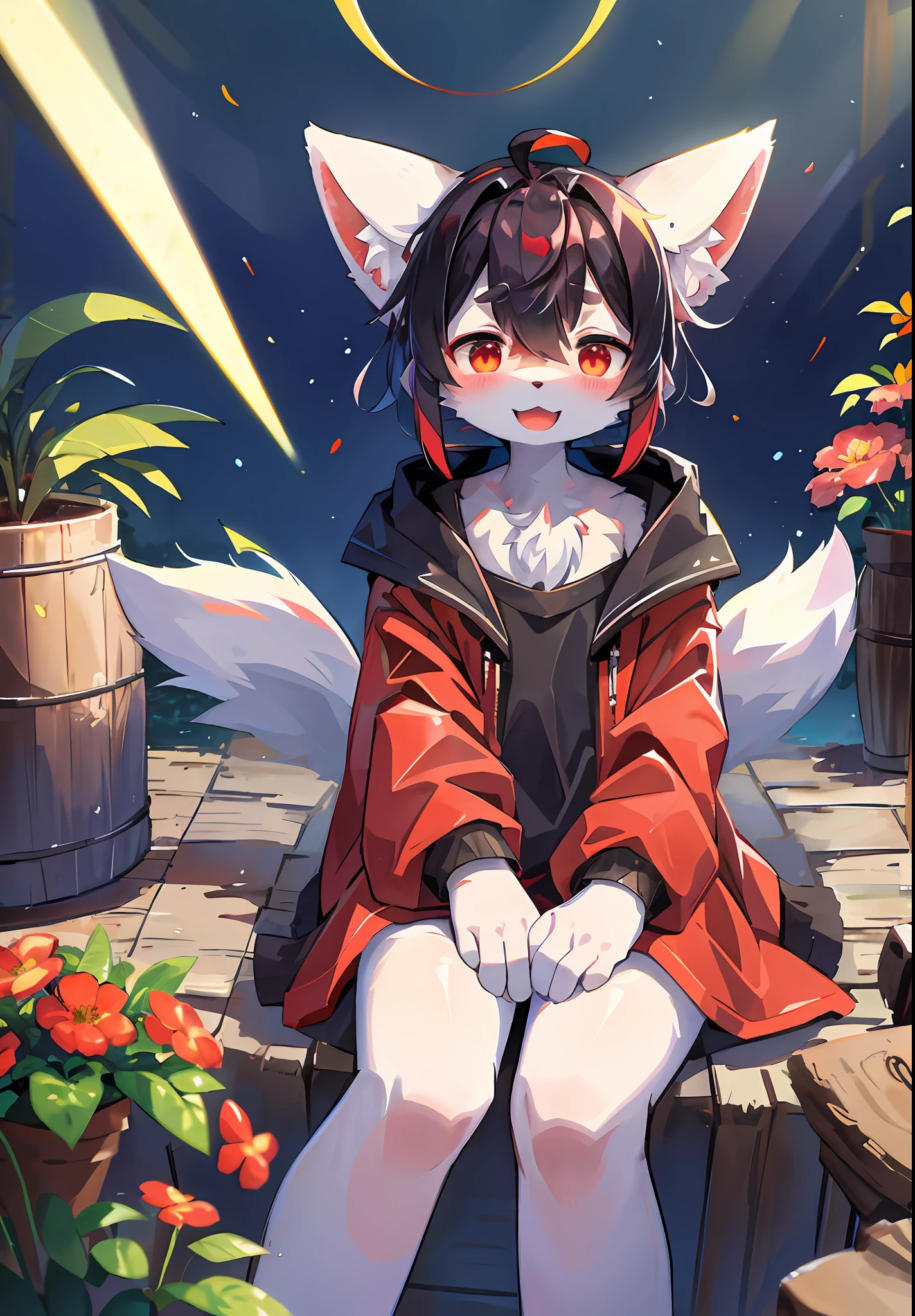 (masterpiece:1.3), (2D:1.0), (anime:1.0), (illustration:1.0), (sharp:1.2), (hard light:1.0), (shadow:1.0),(reflection, refraction:0.8), (light, dappled light, glare, lens flare, Tyndall effect: 1.0), (sharp, shiny: 1.0), (Best Quality: 1.2), (Ultra Fine: 1.0), (Extremely Complex: 1.0), (Blurred foreground, Cinematic Light, Ray Tracing: 1.1), (bright_colors, dark_intense_shadows: 1.1), (Impasto, Colorful: 1.2), (warm_light_from_below, glow_white_ particles:1.1),(Ensemble_Stars! _\(style\):0.95). wolf_boy,anthro,uploaded_on_e621,solo,upper_body,cowbow_shot,male_focus,furry_kemono,furry_male,cub,young_male,bishounen,11_years_old,kawaii,cute,fancy,fragile,cool, handsome. detailed_fluffy_fur,tuft,(white_fur,body_fur,oil_skin,skin_with_fluffy_fur:1.3),animal_nose,animal_ear_fluff,fluffy_paws,pawpads,animal_hand,fluffy_big_tail。 Black clothes, (black and red hooded cape, red and black hoodie: 1.5), short male hair, black hair, purple eyes, closed eyes, bangs, red dull hair, open mouth, smile, light blush, goggles, hands raised, blood red dagger, bottomless, (feet apart, sitting position: 1.2), looking at the audience. (night, starry_sky, crescent_moon, star_\(sky\), gem, plant, star_\(symbol), sparkle), outdoor, landscape.