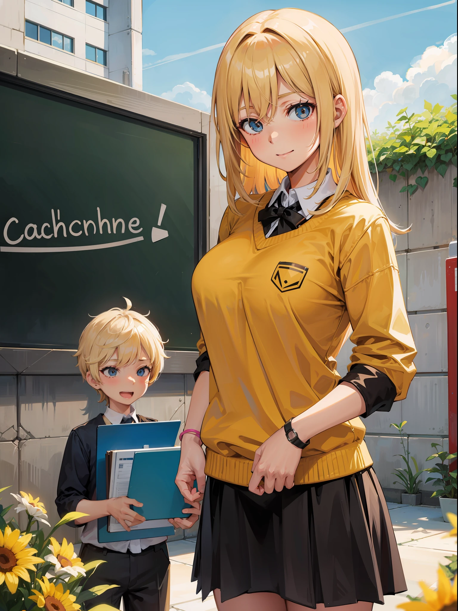 Blond teacher, woman, teaching her pupils, 9 year old kids, outdoors, happy, toddlers