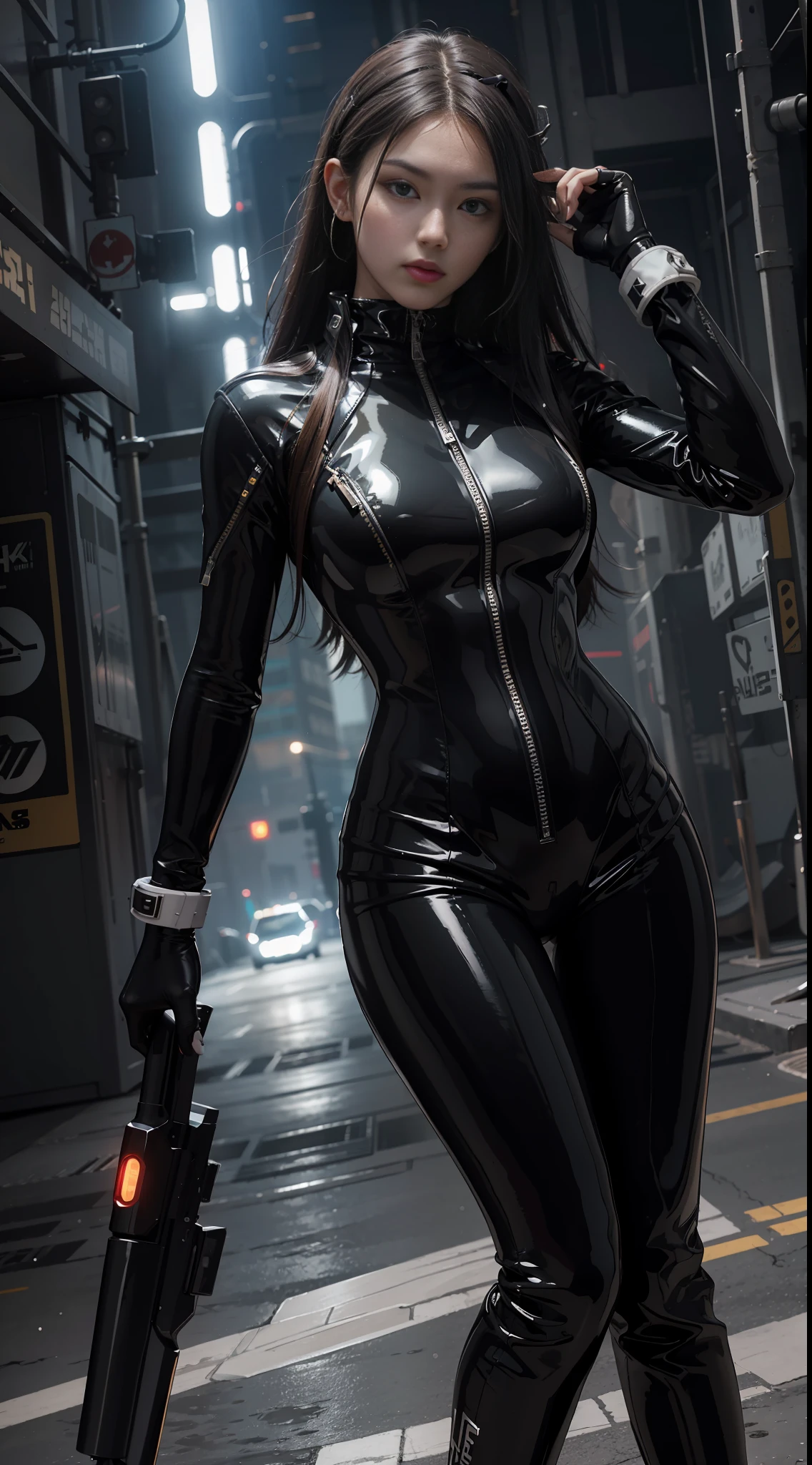 solo, super fine photo, portrait Unreal Engine 5 8K UHD of beautiful girl in a skin tight black latex outfit with white jacket, slick black catsuit, black iconic character, smooth black skin, black body, PVC, some black, glossy latex suit, rubber suit, rubber belts, collar, rubber glove, rubber high boots, arm and leg cuffs, straps, cyberpunk world, best quality, masterpiece, official art, unified 8k wallpaper, super detailed, sharp focus, dynamic pose, body parts, no extra limbs, precisely anatomy