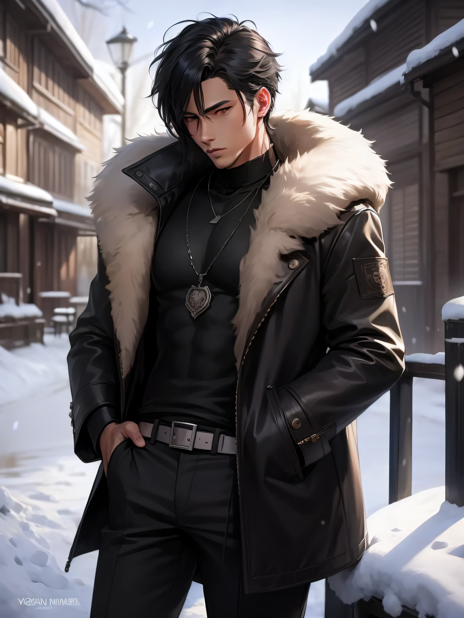 Anime man in fur coat standing on fence in snow, handsome anime pose, handsome man, handsome guy, cool side face, right hand touching hair, left hand in trouser pocket, with a simple necklace, male anime style, male anime character, anime portrait by Yang J, a handsome man, realistic anime art style, badass anime 8 K, anime style character, Guvez style artwork, realistic art style --auto --s2