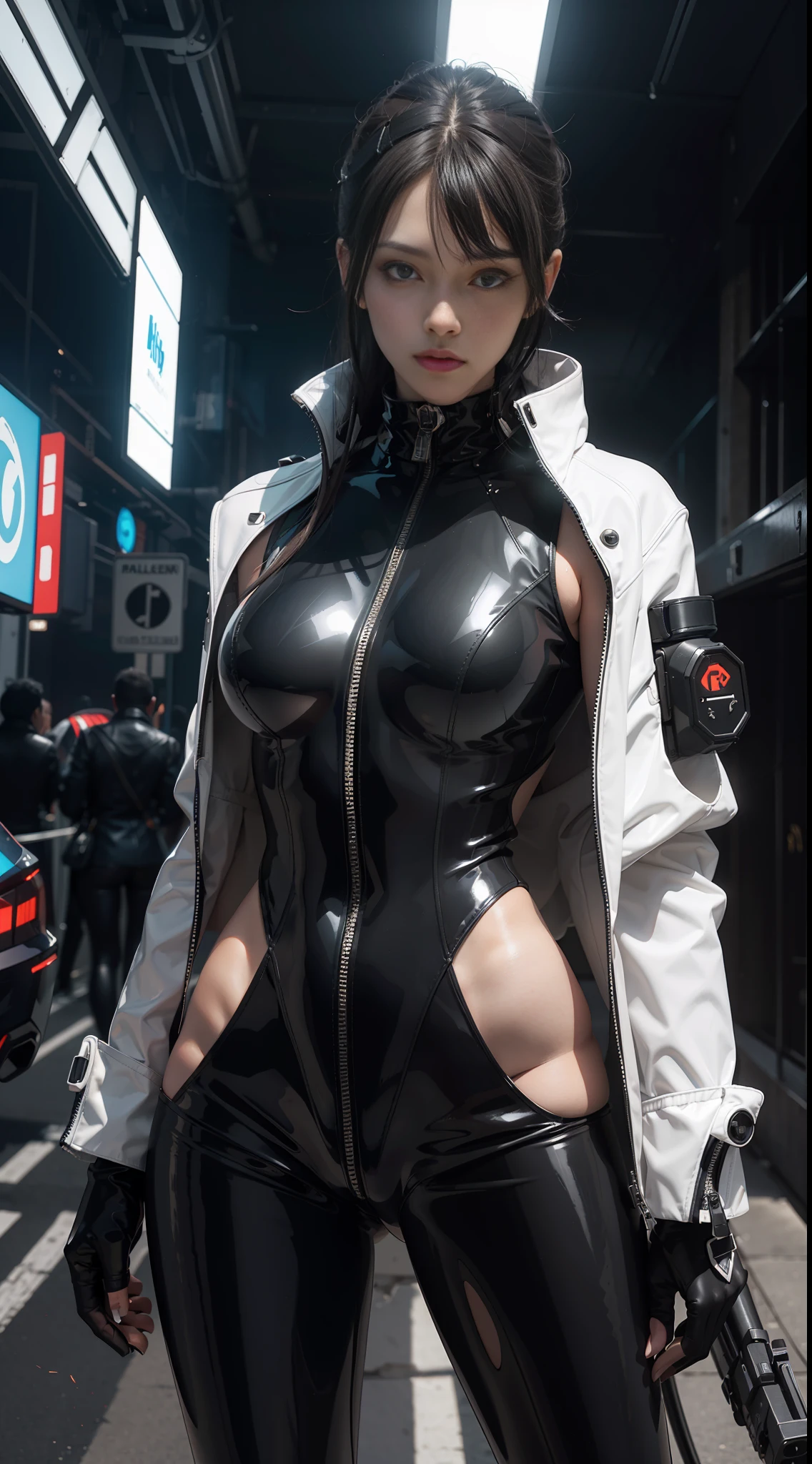 solo, super fine photo, portrait Unreal Engine 5 8K UHD of a girl in a skin tight futuristic black latex outfit with white jacket, slick black catsuit, black iconic character, smooth black skin, black body, PVC, glossy latex suit, rubber suit, rubber belts, collar, futuristic full face helmet, futuristic rubber glove, futuristic high boots, arm and leg cuffs, straps, cyberpunk world, have a gun, best quality, masterpiece, official art, unified 8k wallpaper, super detailed, sharp focus, dynamic pose, body parts, no extra limbs, precisely ???????
