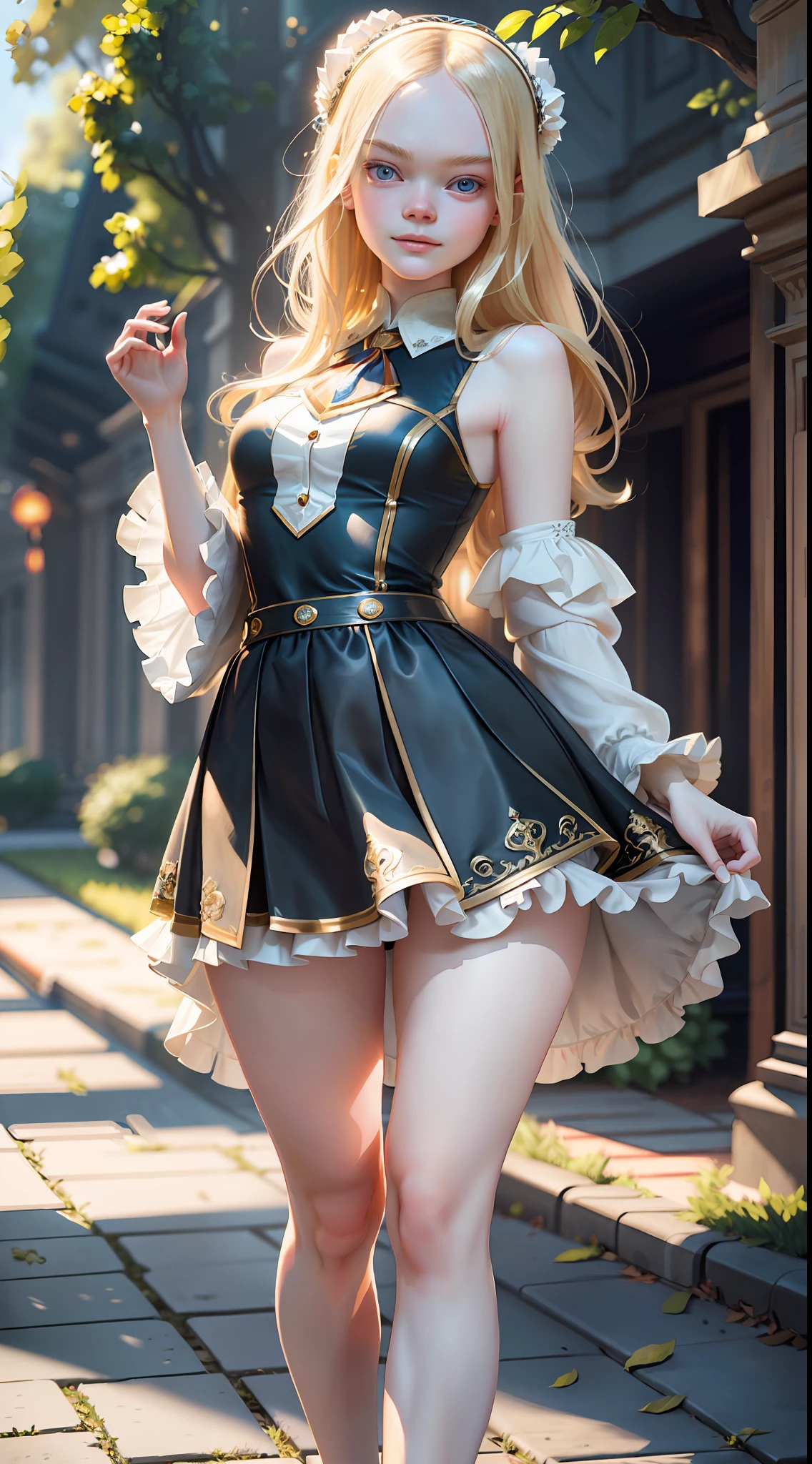 masterpiece, maximum quality, ultra high resolution, 8k, young, Elle Fanning, extremely beautiful, full body, alone, thin, extremely detailed face, identical face, detailed eyes, mischievous smile, cheerful, realistic photo, totally realistic, human pellet, studio lighting, perfect, wide hips, thick thighs, big ass, wearing collegiate micro skirt, insinuating, bunched up