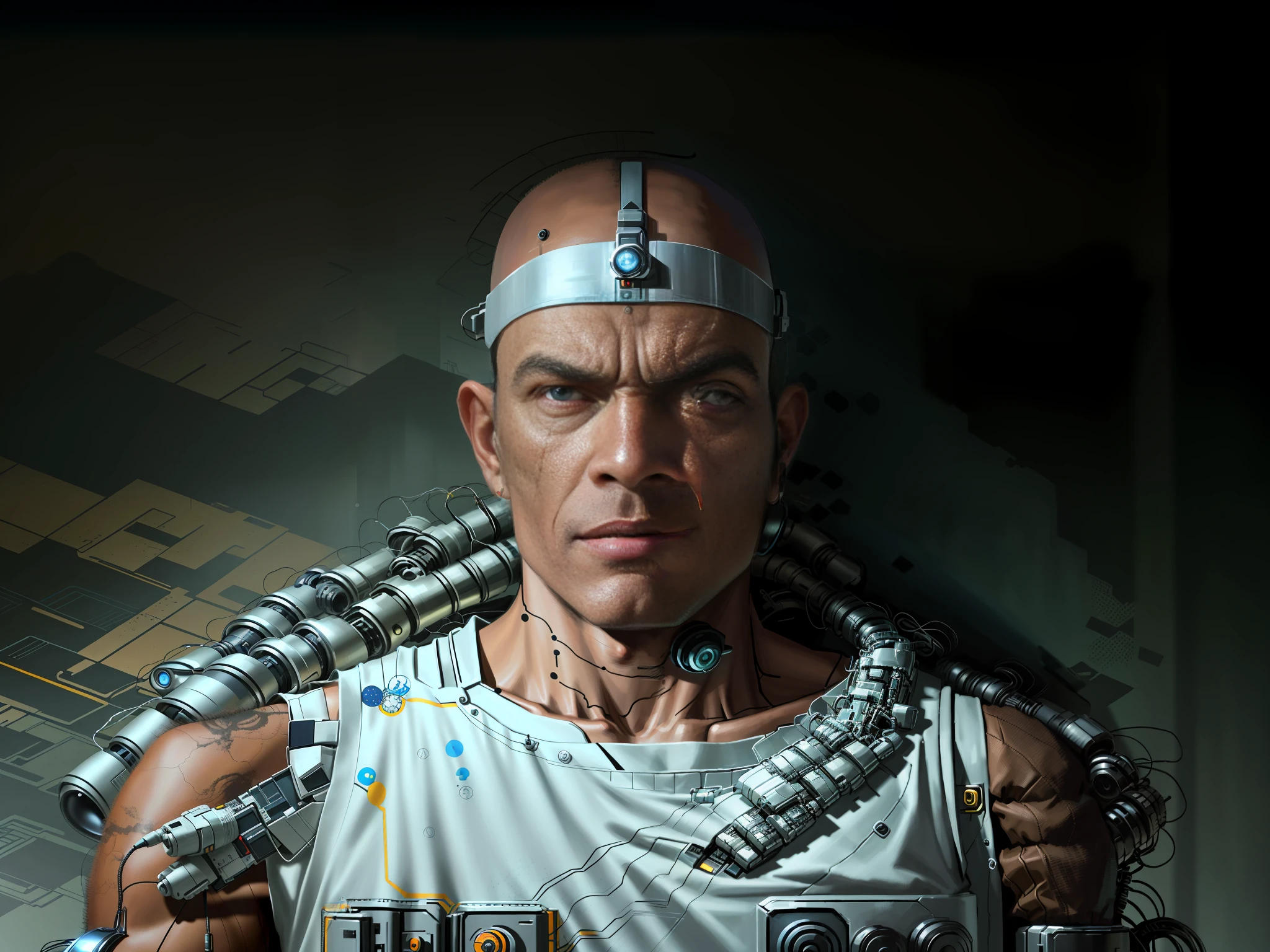 There is a cyborg Robocop sitting on a sofa with remote control, looking serious and forward, countenance concentrated, is performing a difficult, thoughtful task, wearing a futuristic visor. He has a bionic eye and a headset on his head, and a metal hoop with a jewel in the center surrounding his bald head. Alexguerra3 is like Robocop. The 48-year-old is inspired by artists like Syd Mead, Takashi Murakami and Refik Anadol, as well as films like Robocop, Blade Runner and The Terminator. The work is presented in 8k resolution and features concept art with a centered composition. The pose is perfectly centered and intricate.