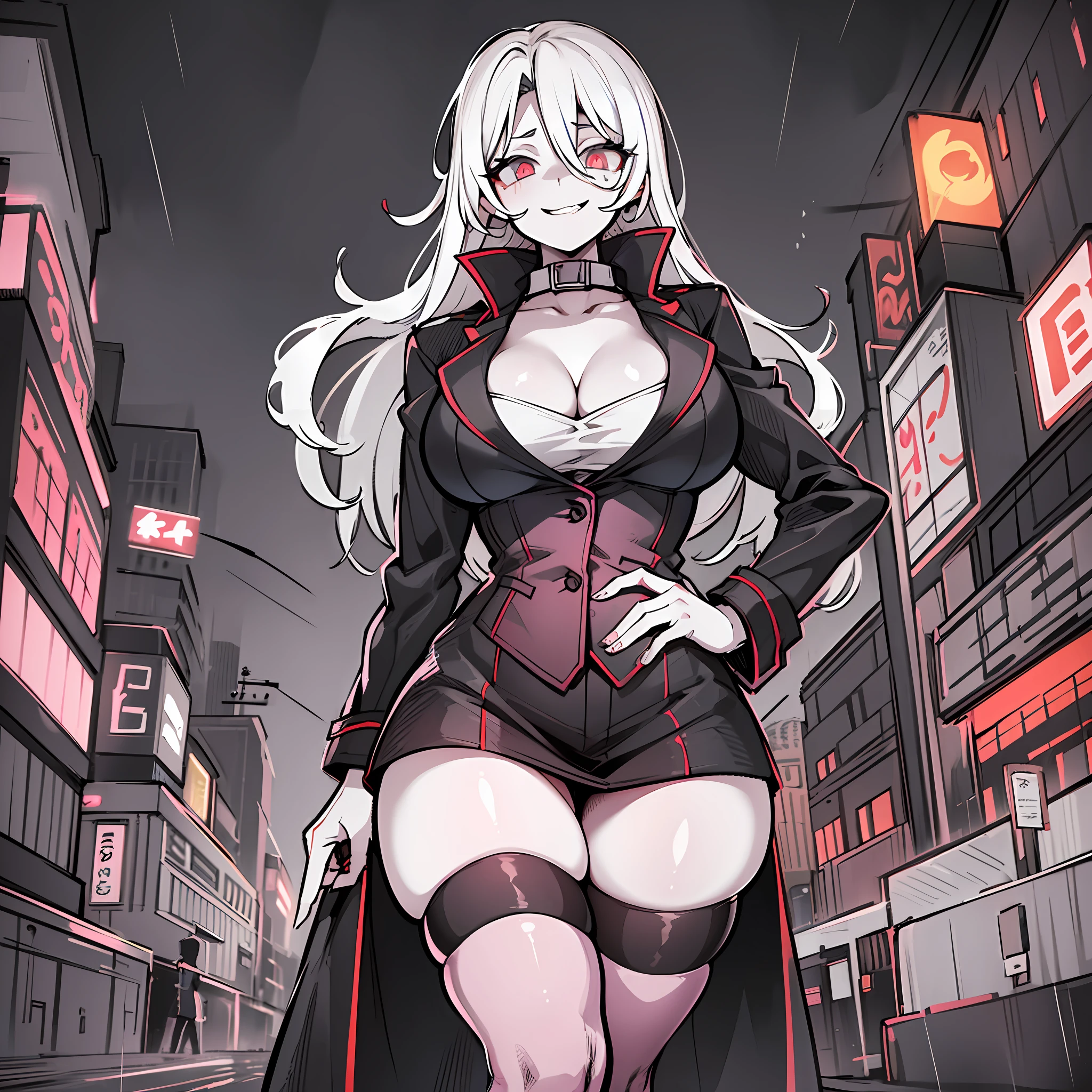 1girl, creepy smile, crazy eyes, trenchcoat, rain, street, streetlight, night, looking at viewer, milf, tall, very tall, big breasts, cleavage, smug, vampire fangs, tights, thick thighs, low perspective