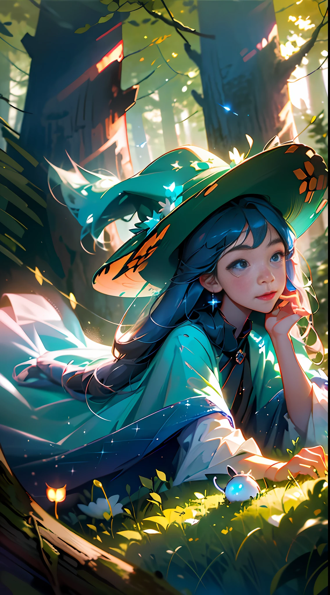 There is a blue Milky Way in the night sky, and under the big trees in the forest, a little girl with long hair and a hat explores in the forest with a lantern, and there are many fireflies around her. She has a smiling expression, extreme detail, rendering, 4K quality