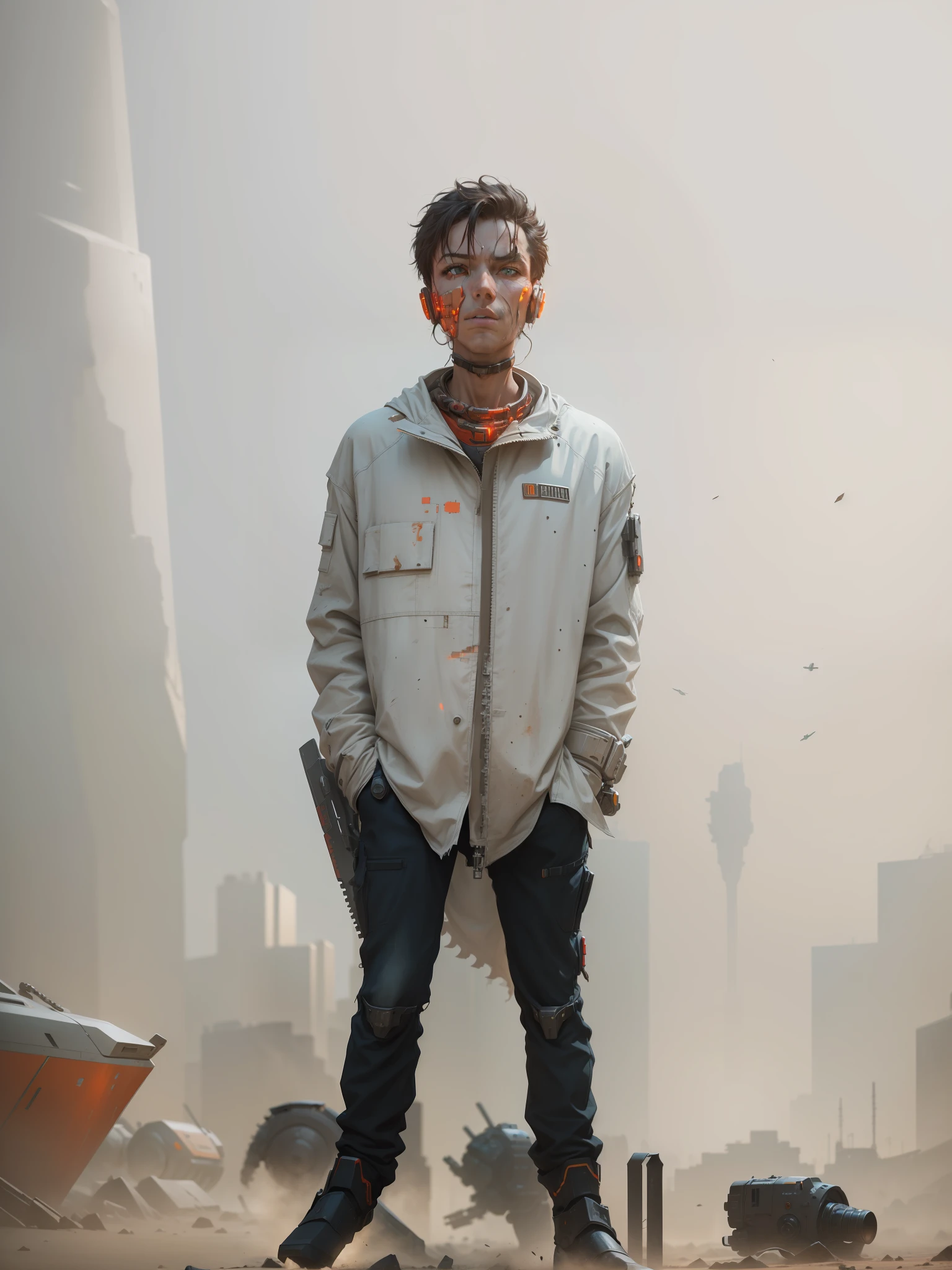 On the moon, barren planet, ruins, holding weapons, no humans, glowing, robot, building, glowing eyes, orange mech, science fiction, city, reality, mecha, galaxy background, full body, neon, cyber Punk, 8K wallpapers, ultra-detailed artwork, cinematic lighting, realistic photos, Dark_Fantasy, Cyberpunk, (chain saw, chain saw man, Red: 1.1), 1man, Mechanical marvel, Robotic presence, Cybernetic guardian, wearing a worn-out machine armor suit, intricate, (steel metal [rust]), elegant, sharp focus, photographed by greg rutkowski, soft lighting, vibrant colors, masterpiece, ((street)), cowboy shot, dynamic pose,
