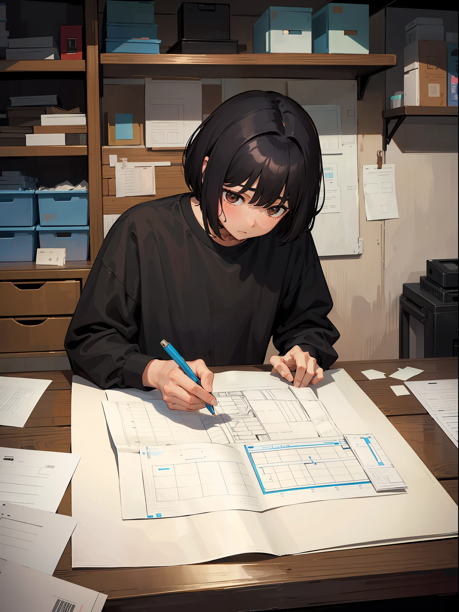 Black hair man, short hair, brown eyes, very detailed, masterpiece, award-winning, product designing, blueprints on the table, product designer, concentration, sweat, mess in the background